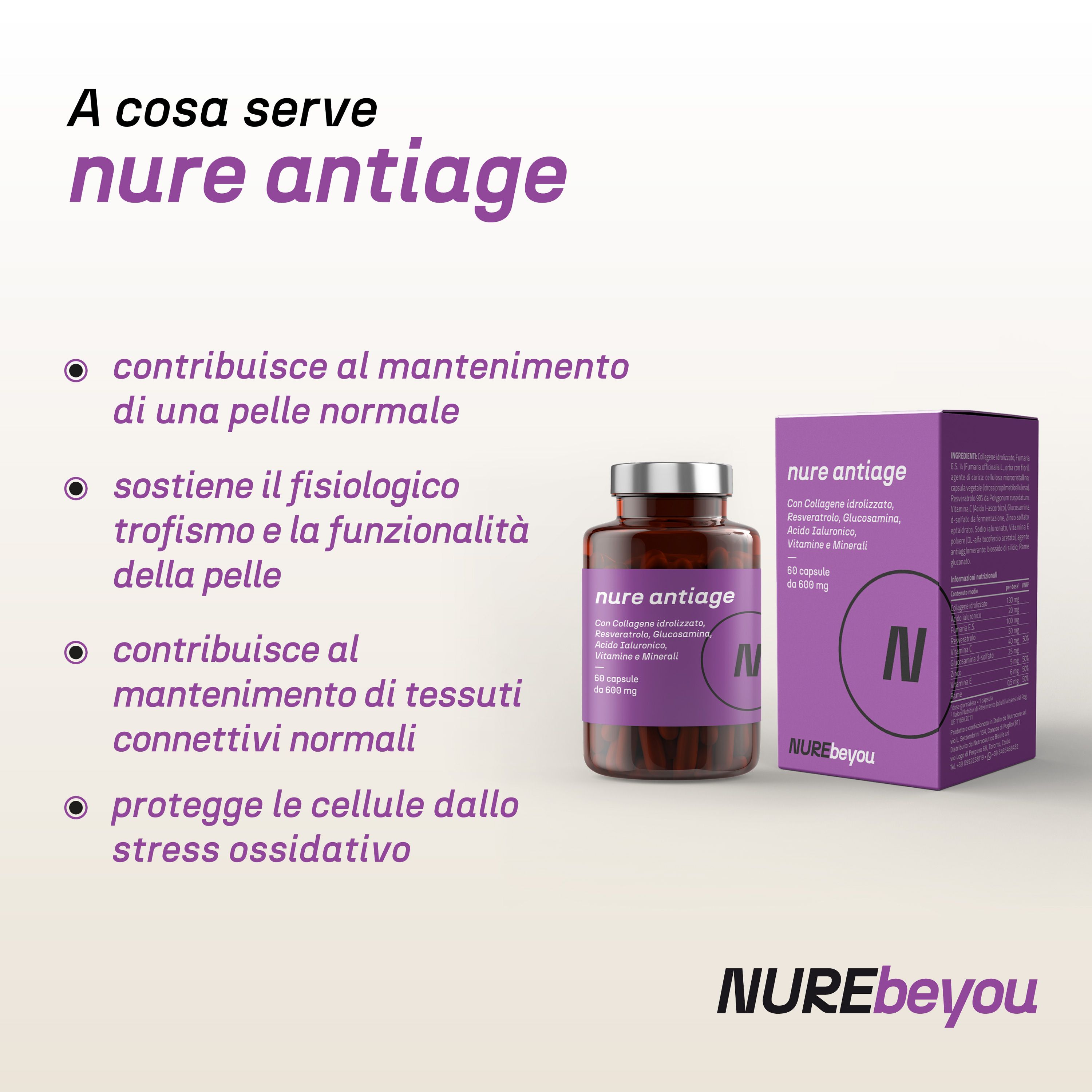 NURE Antiage 60cps | Integratore Anti-invecchiamento, integratore collagene, acido ialuronico viso