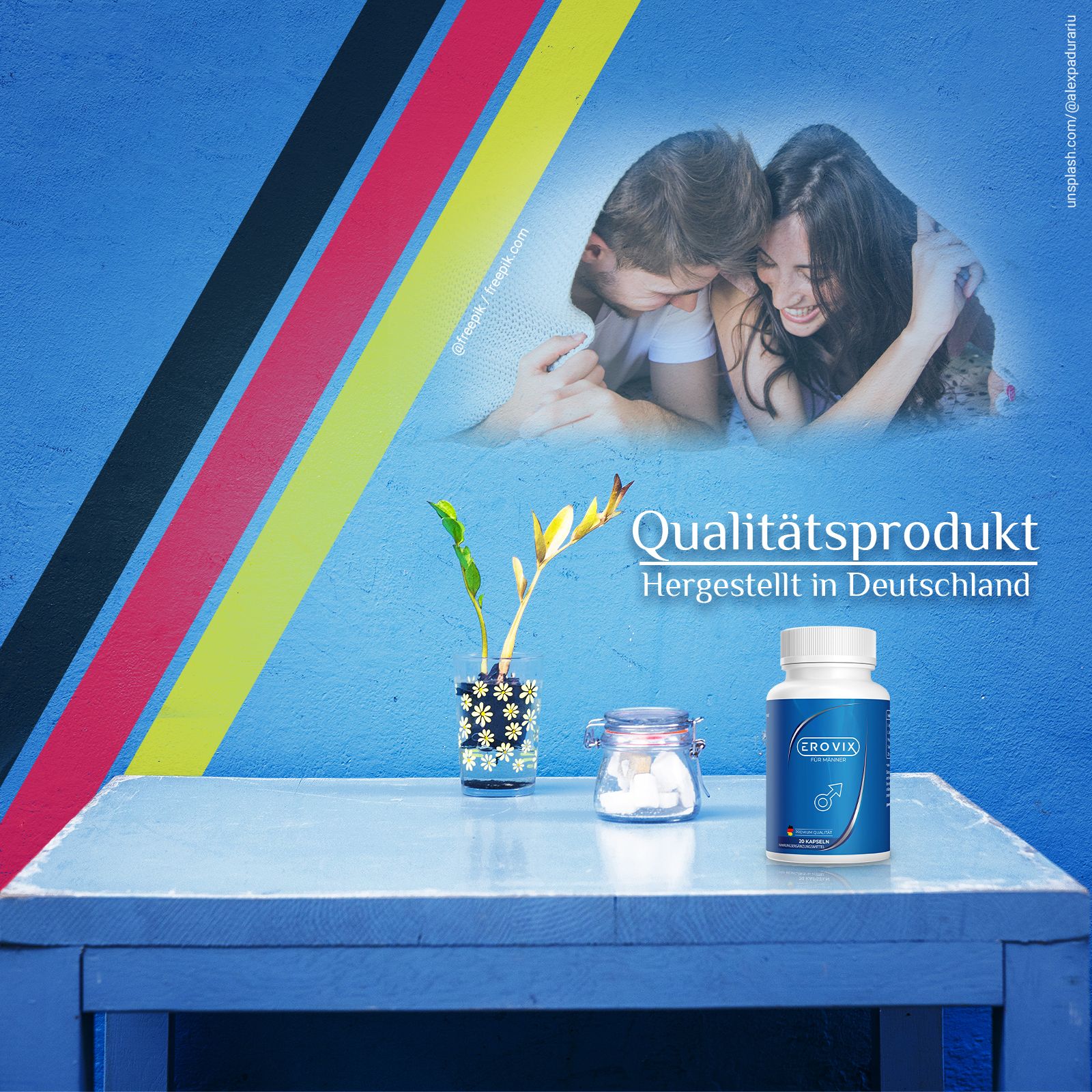 Flacone blu Erovix. Contiene capsule. Testo: Prodotto di qualità, prodotto in Germania. Simbolo maschile. Bandiera tedesca.