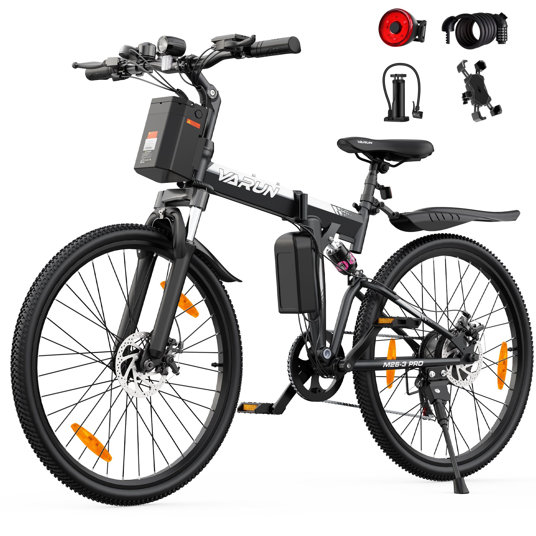 Bicicletta pieghevole nera con batteria, logo VARUN. Accessori: fanale posteriore, lucchetto a spirale, pompa, supporto telefono.