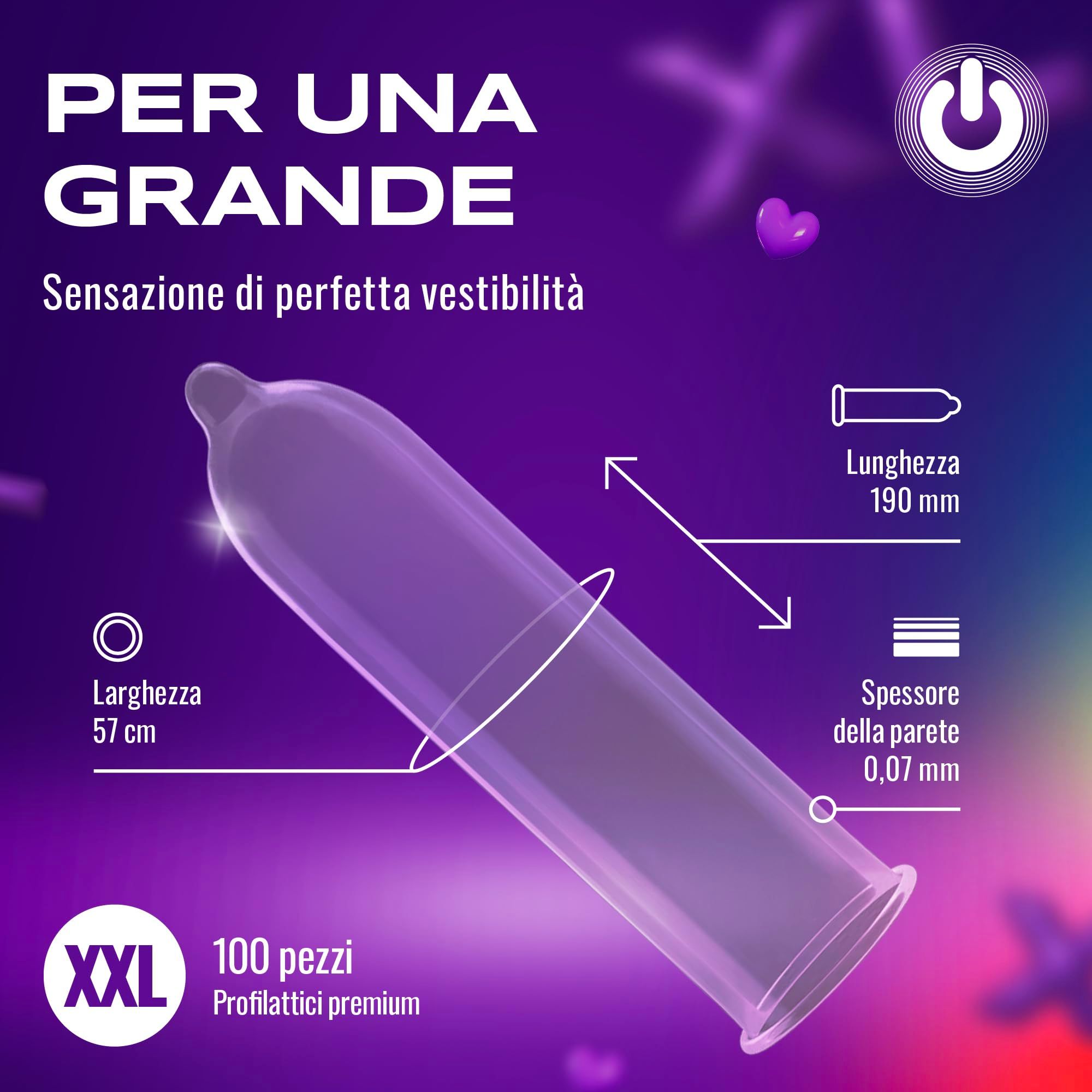 Un preservativo ON) taglia XXL, trasparente, lungo 190mm, largo 57mm, spessore 0,07mm.