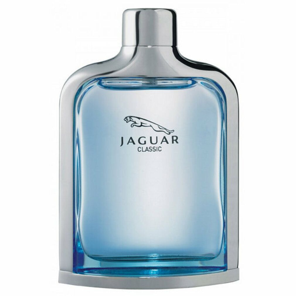Spray Eau de Toilette blu in flacone di vetro con cornice e tappo argentati. Logo e scritta Jaguar.