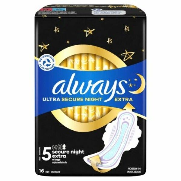 Always Ultra Assorbenti Donna Gr. 5, Secure Night Extra. 16 pezzi. Confezione blu.