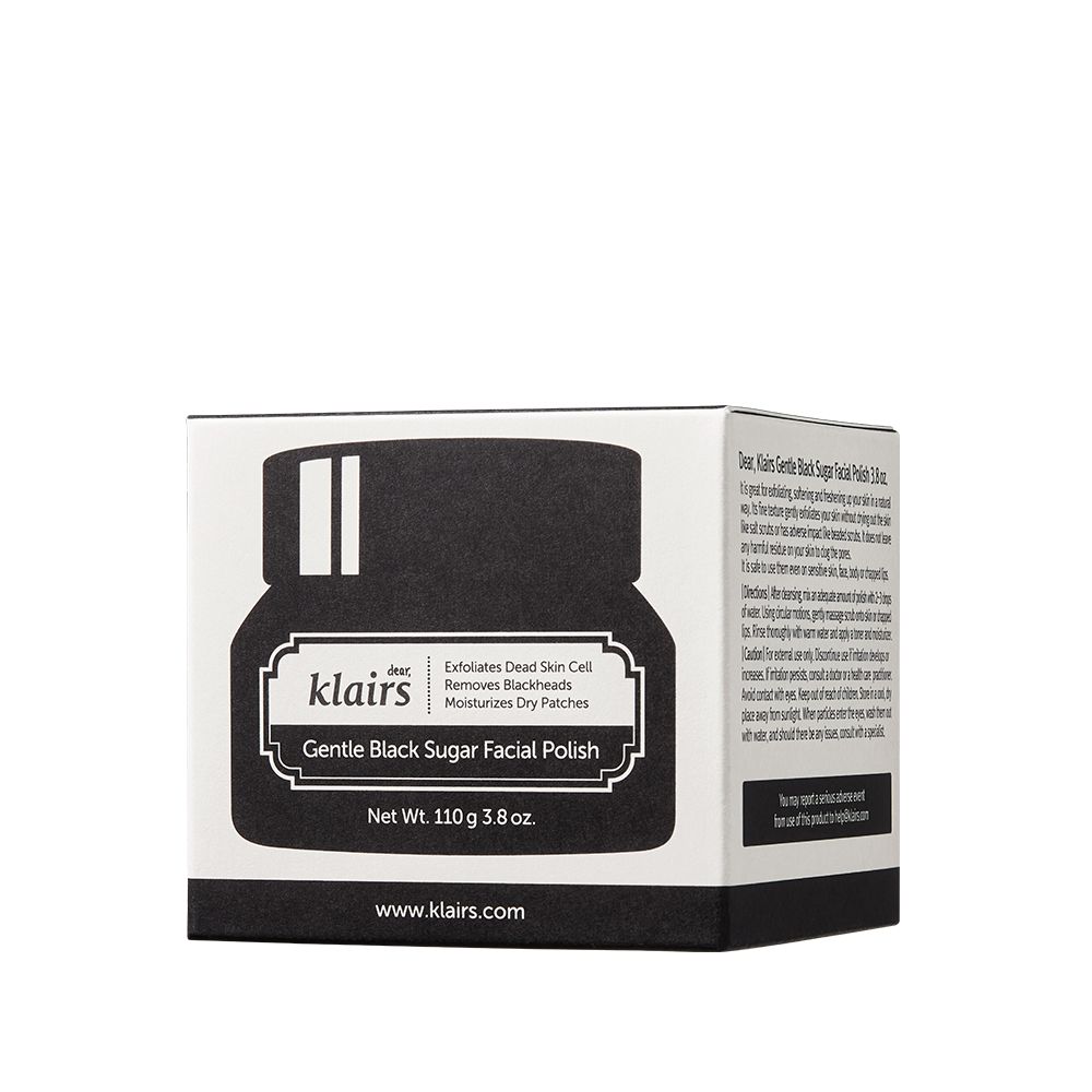 Confezione Klairs Gentle Black Sugar Facial Polish con tappo nero ed etichetta bianca.