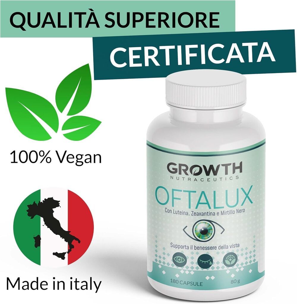 GROWTH NUTRACEUTICS® Oftalux Integratore occhi con Luteina e Zeaxantina 180 capsule