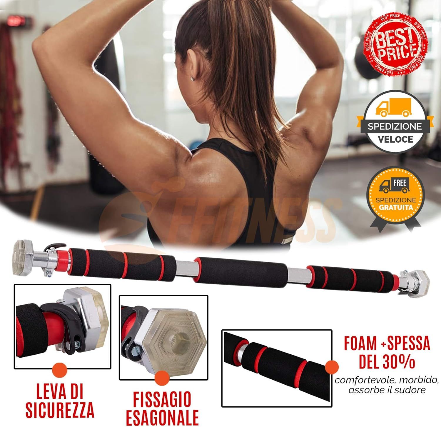 Barra per trazioni con donna. Maniglie nere, dettagli rossi. Dettagli: fissaggio, schiuma, testo.