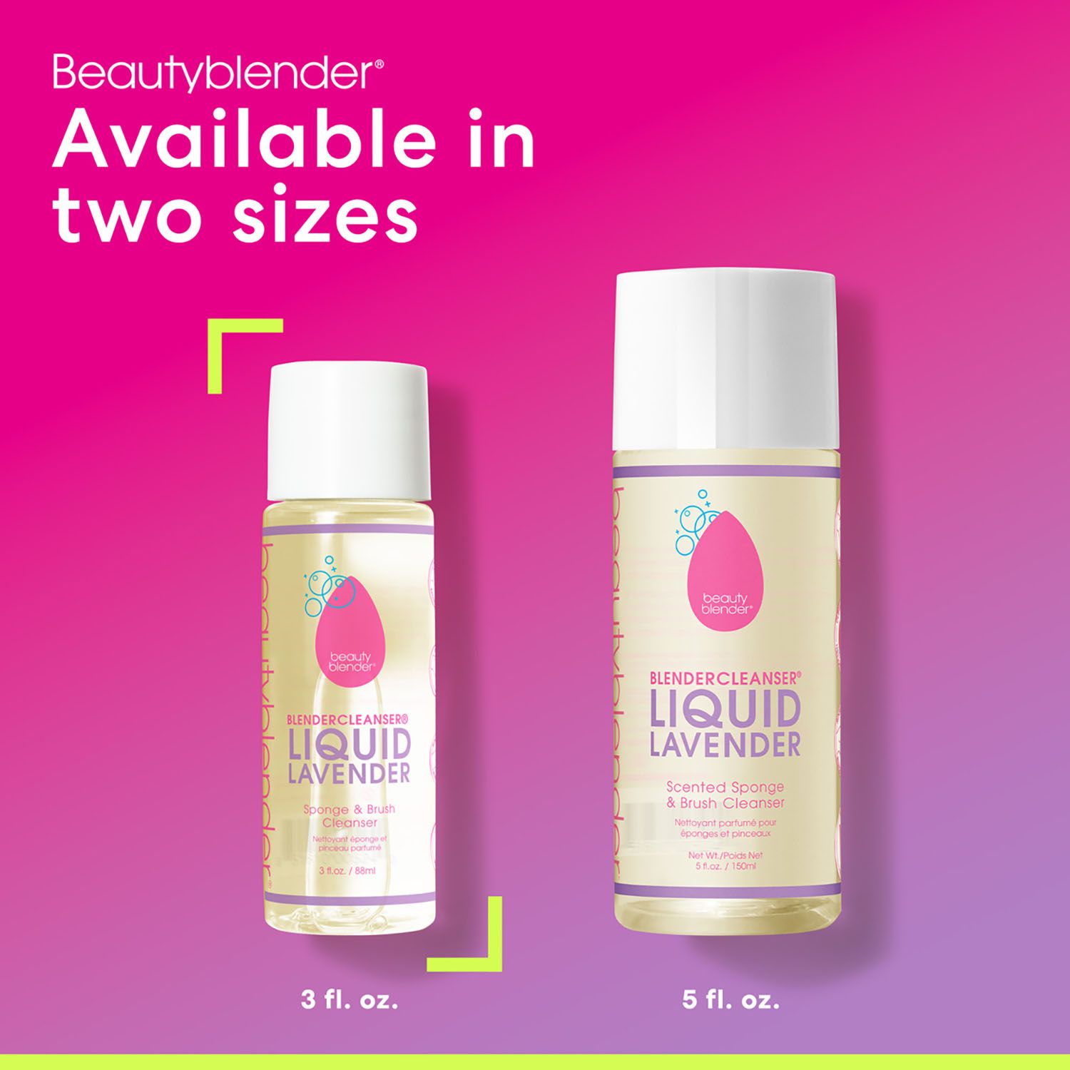 Due flaconi di detergente Liquid Lavender. Uno da 3 oz, uno da 5 oz. Scritta: Scented Sponge & Brush Cleanser. Logo rosa. Tappo bianco.