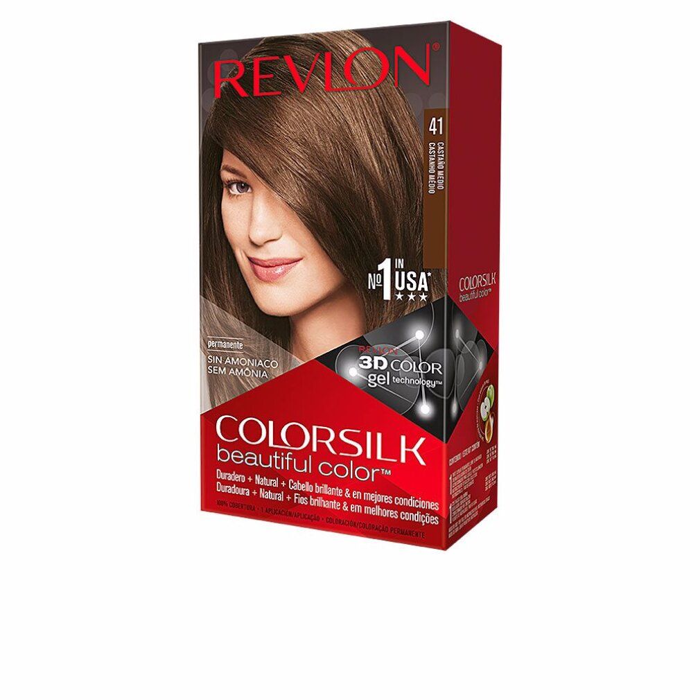 Confezione Revlon Colorsilk, 41 Medium Brown, senza ammoniaca. Scritta: permanente. Immagine di donna con capelli castani.