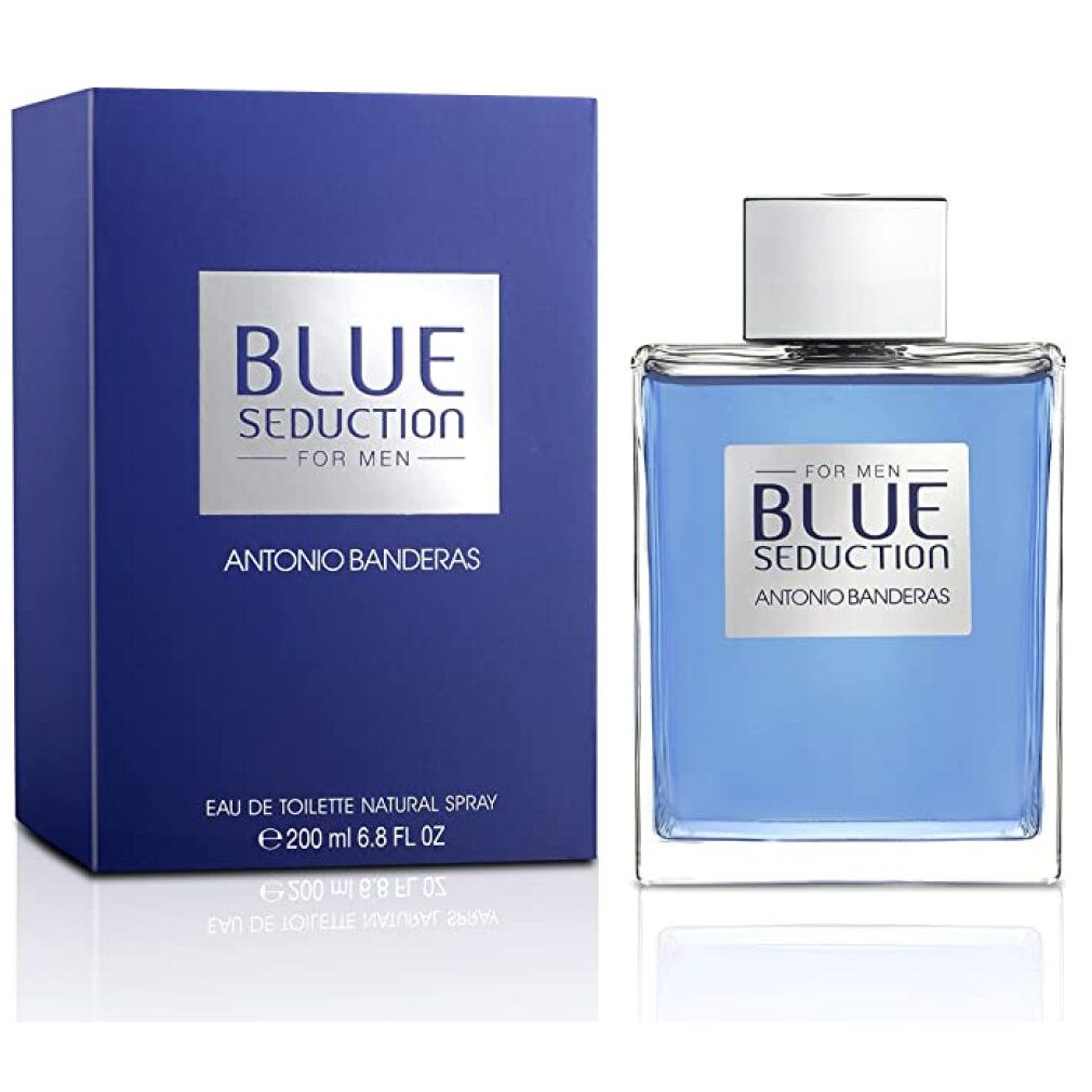 Scatola blu e flacone. Scritta "BLUE SEDUCTION FOR MEN" e "ANTONIO BANDERAS". Flacone con liquido blu.