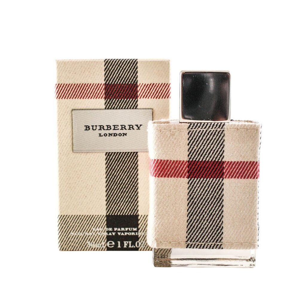 Flacone di profumo e scatola con logo Burberry. Design a quadri.