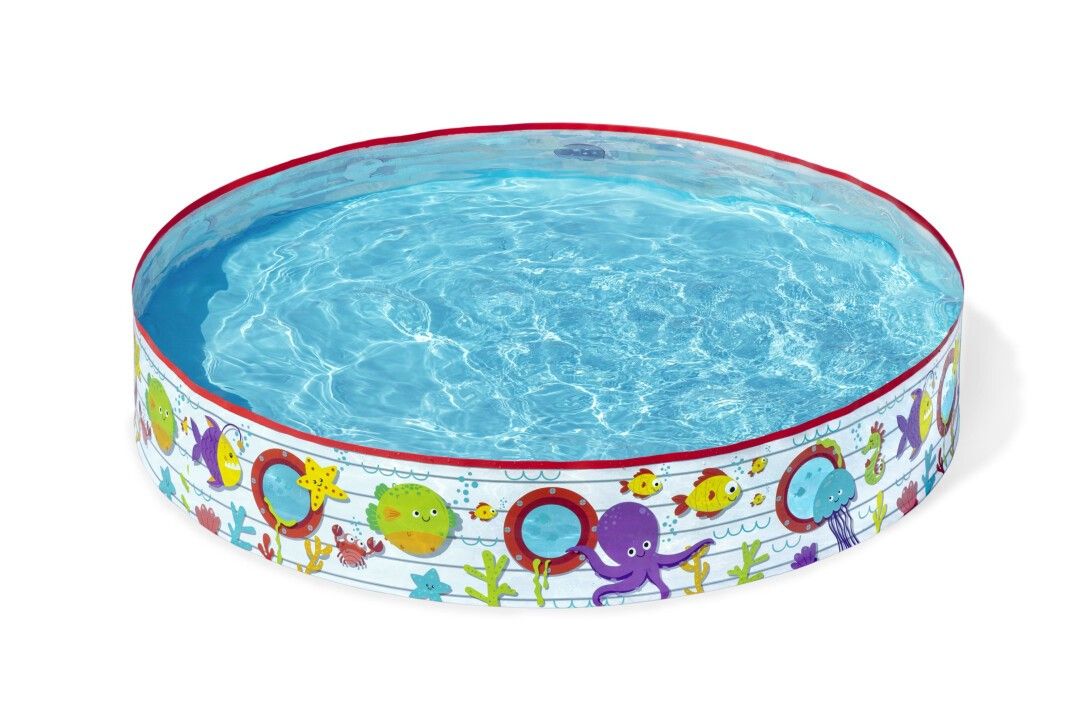 Piscina rotonda per bambini con motivo sottomarino. Bordo rosso, acqua blu. Decorazioni con pesci, polpi e stelle marine.
