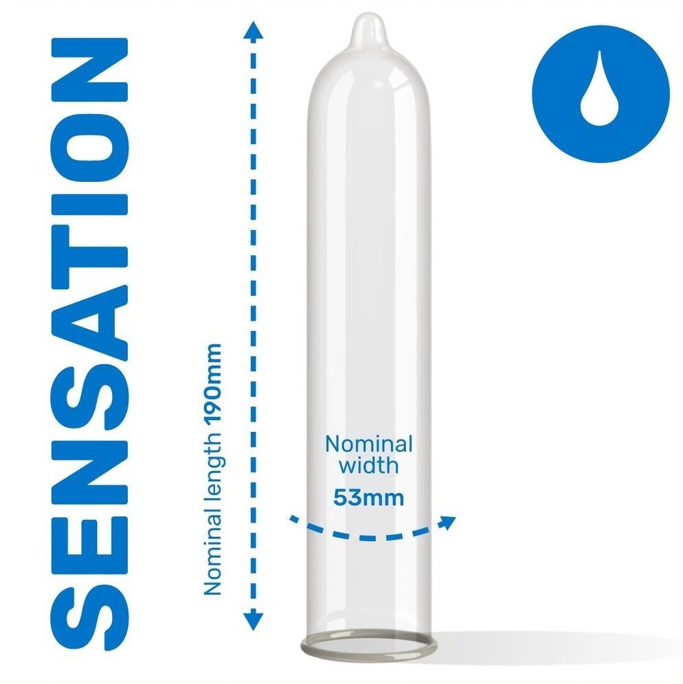 Preservativo con lunghezza 190mm e larghezza nominale 53mm. Trasparente. Simbolo goccia.