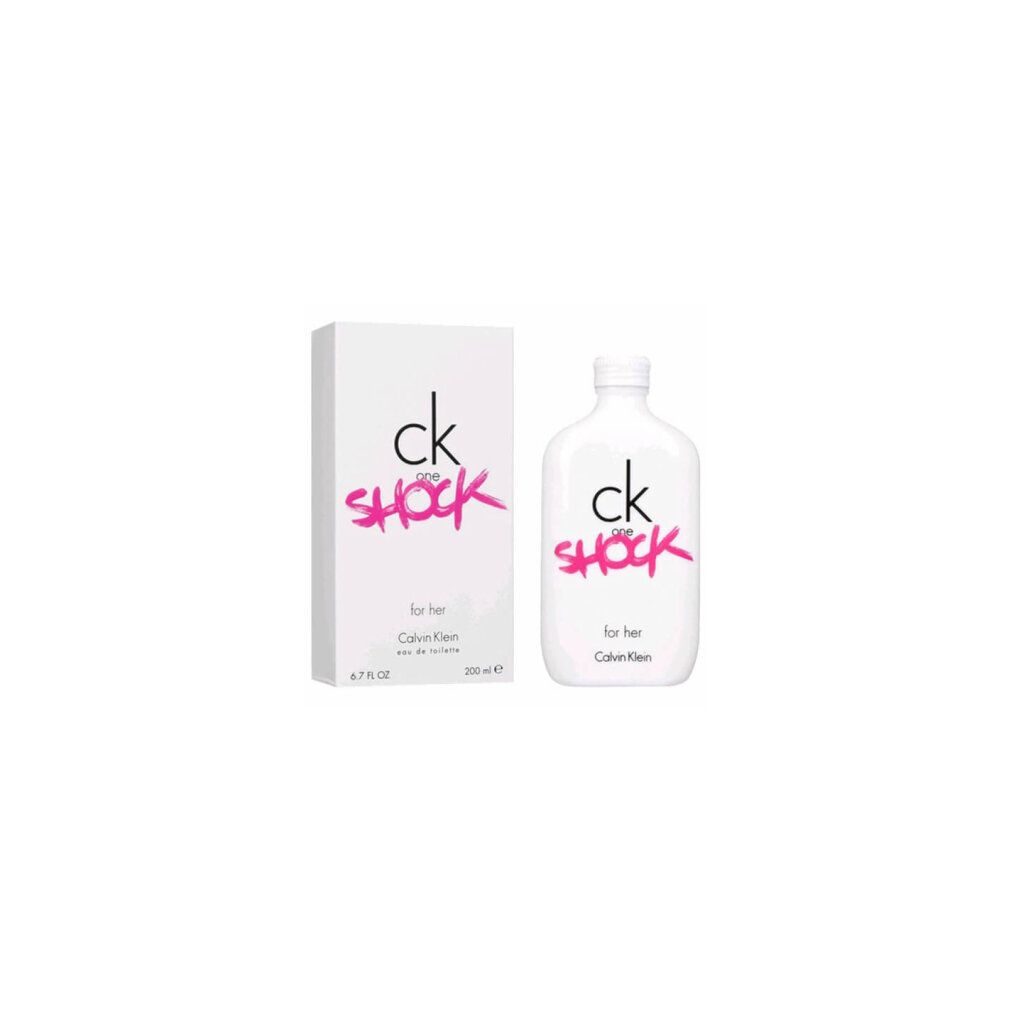Flacone e confezione bianchi con "ck one SHOCK for her". Flacone con tappo bianco. "Calvin Klein" è visibile.