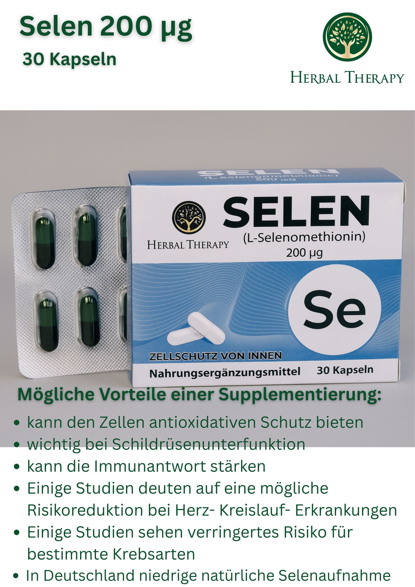 Immagine del prodotto con SELEN (L-Selenometionina) 200 μg. Blister e scatola. Testo sui benefici e gli ingredienti.