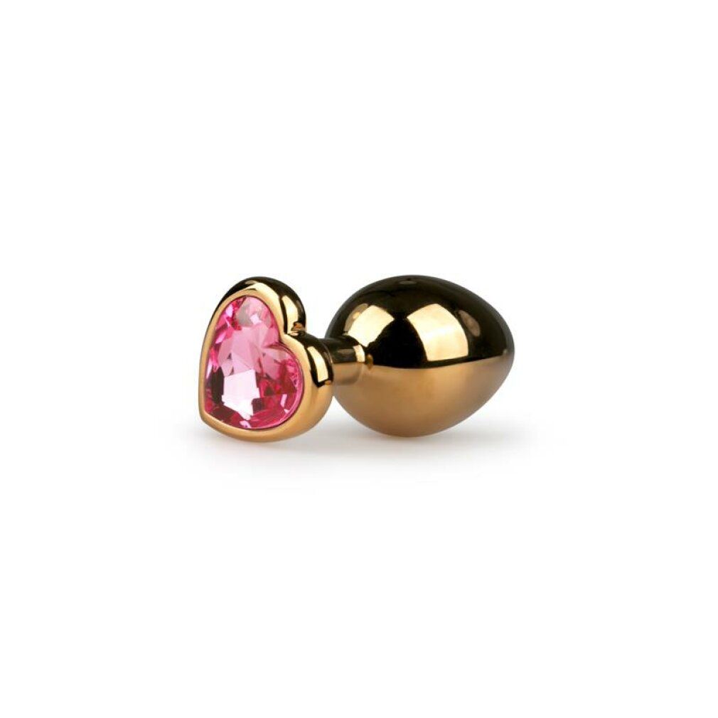 Tappo anale dorato con strass a forma di cuore rosa.