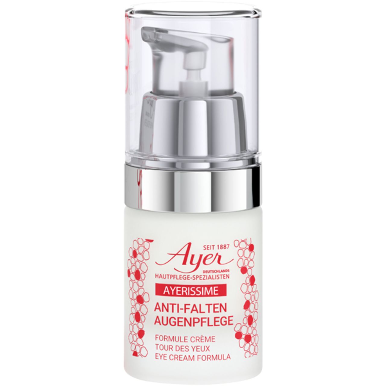 Crema occhi Ayer con dispenser. Scritta: Anti-Falten Augenpflege, Eye Cream Formula. Per pelli mature.