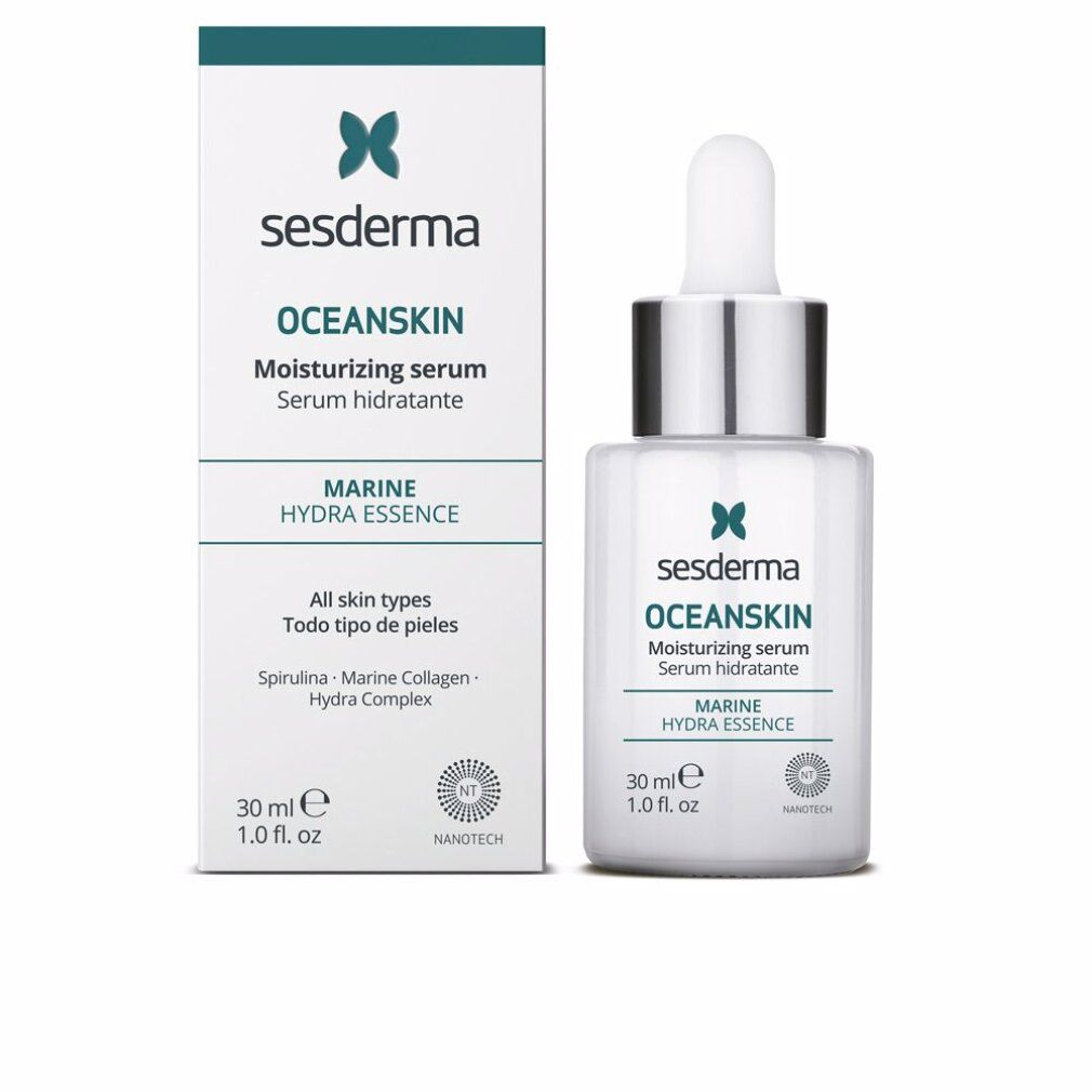 Siero Sesderma Oceanskin e confezione. Flacone bianco con pipetta, accanto scatola. Testo: Oceanskin, Marine Hydra Essence, 30 ml.
