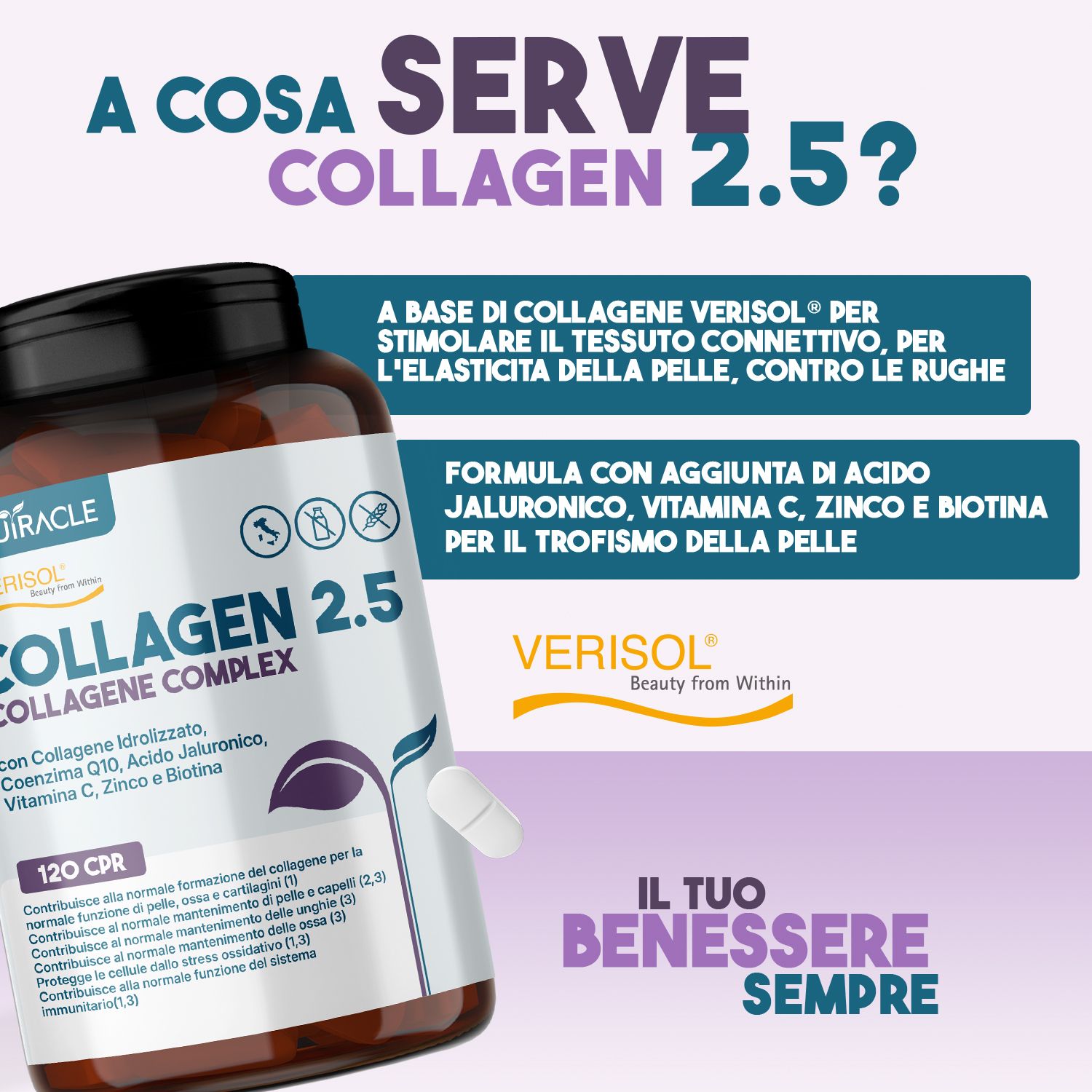 Barattolo Nutracle Collagene 2.5 con testo "A cosa serve Collagen 2.5?". Contiene acido ialuronico, vitamina C, zinco e biotina per la pelle.