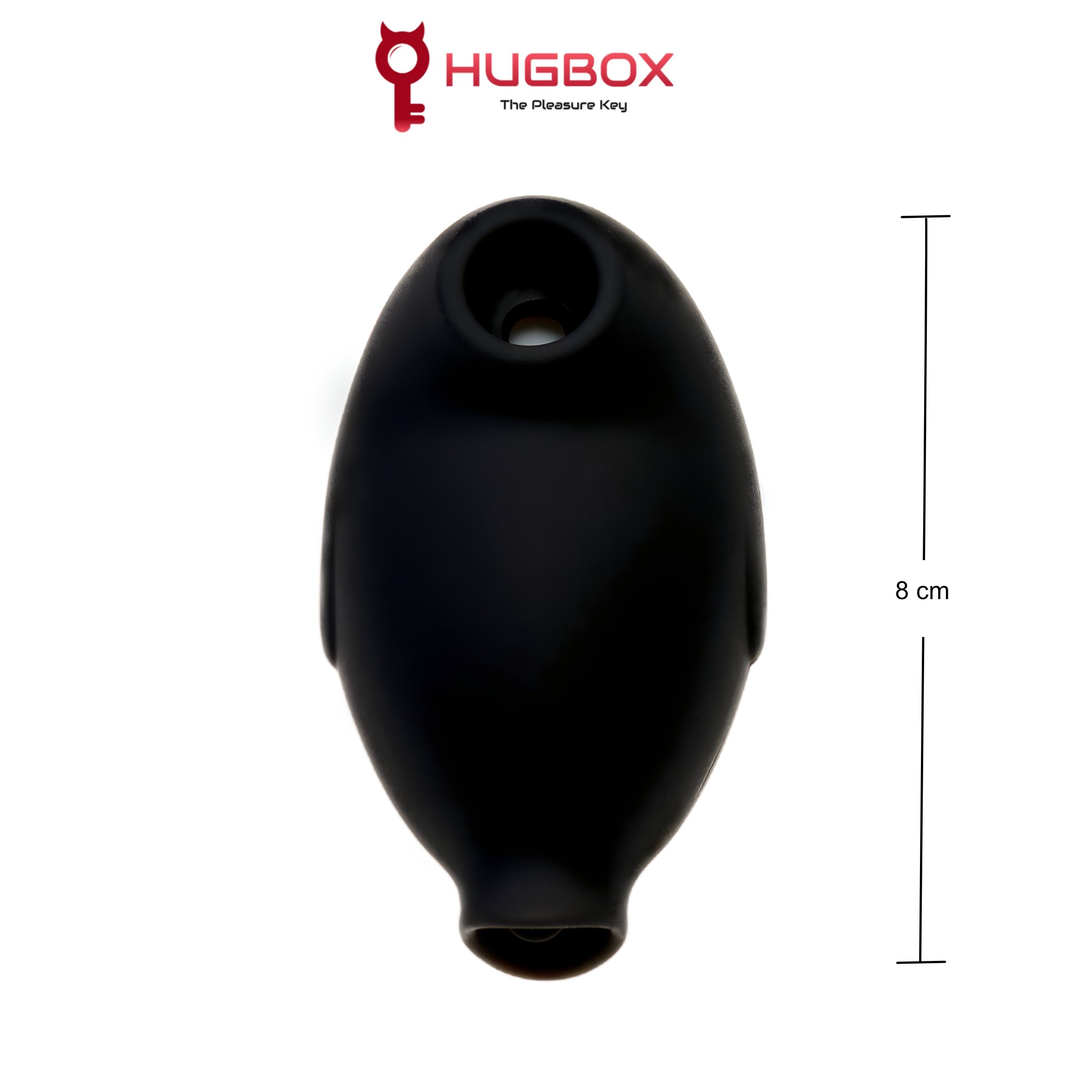 Dispositivo nero ovale con aperture. Testo: HUGBOX, 8 cm. Prodotto con logo e indicazione delle dimensioni.