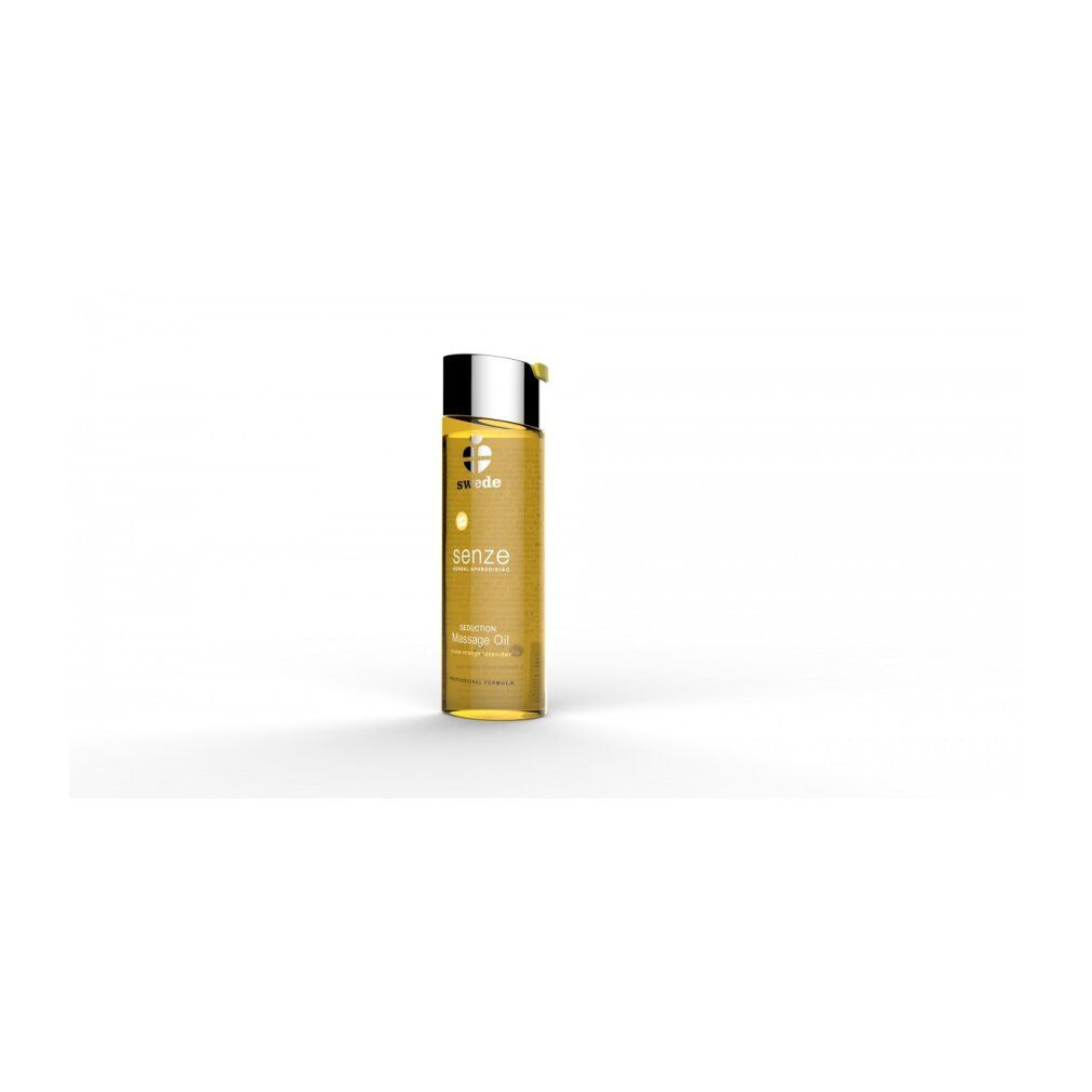 Olio da massaggio Swede Senze Seduction in flacone trasparente con tappo argentato. Olio giallo.