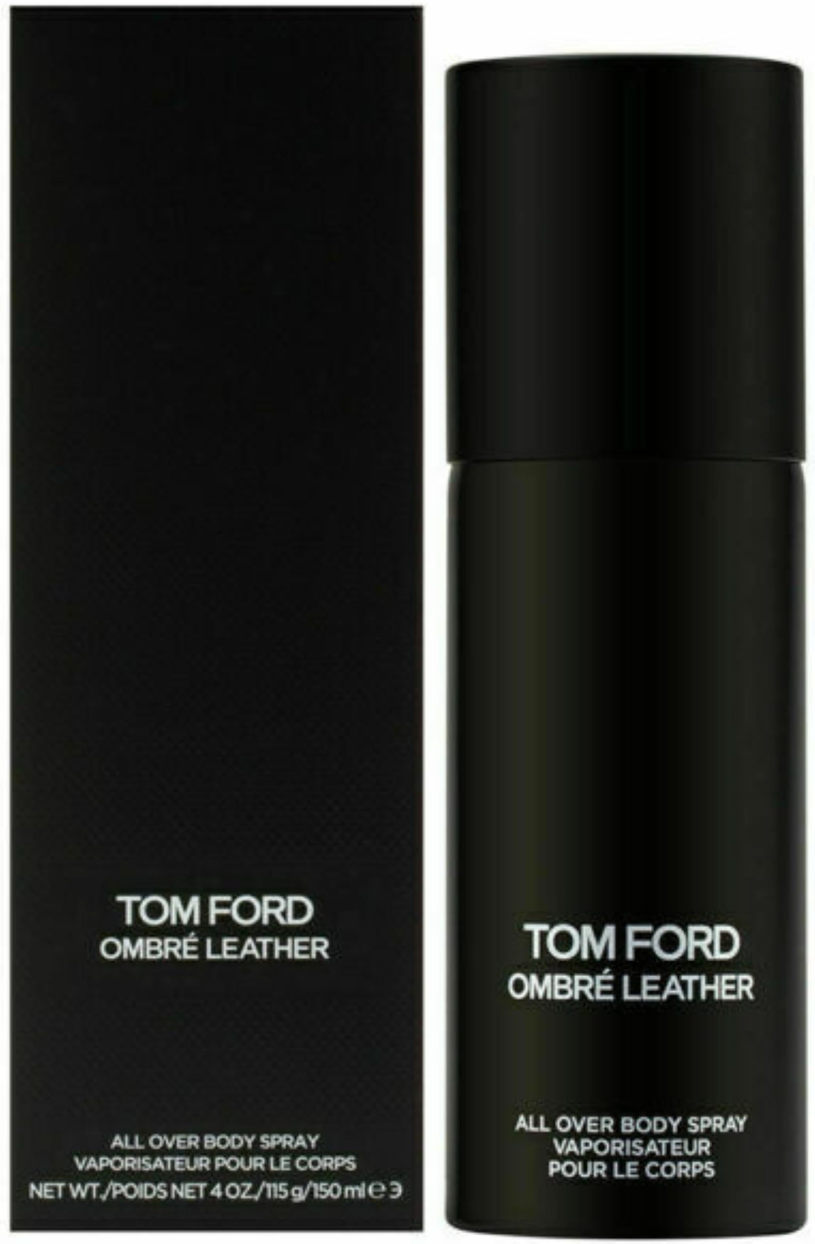 Flacone spray nero e confezione con testo: TOM FORD OMBRÉ LEATHER. ALL OVER BODY SPRAY. VAPORISATEUR POUR LE CORPS.