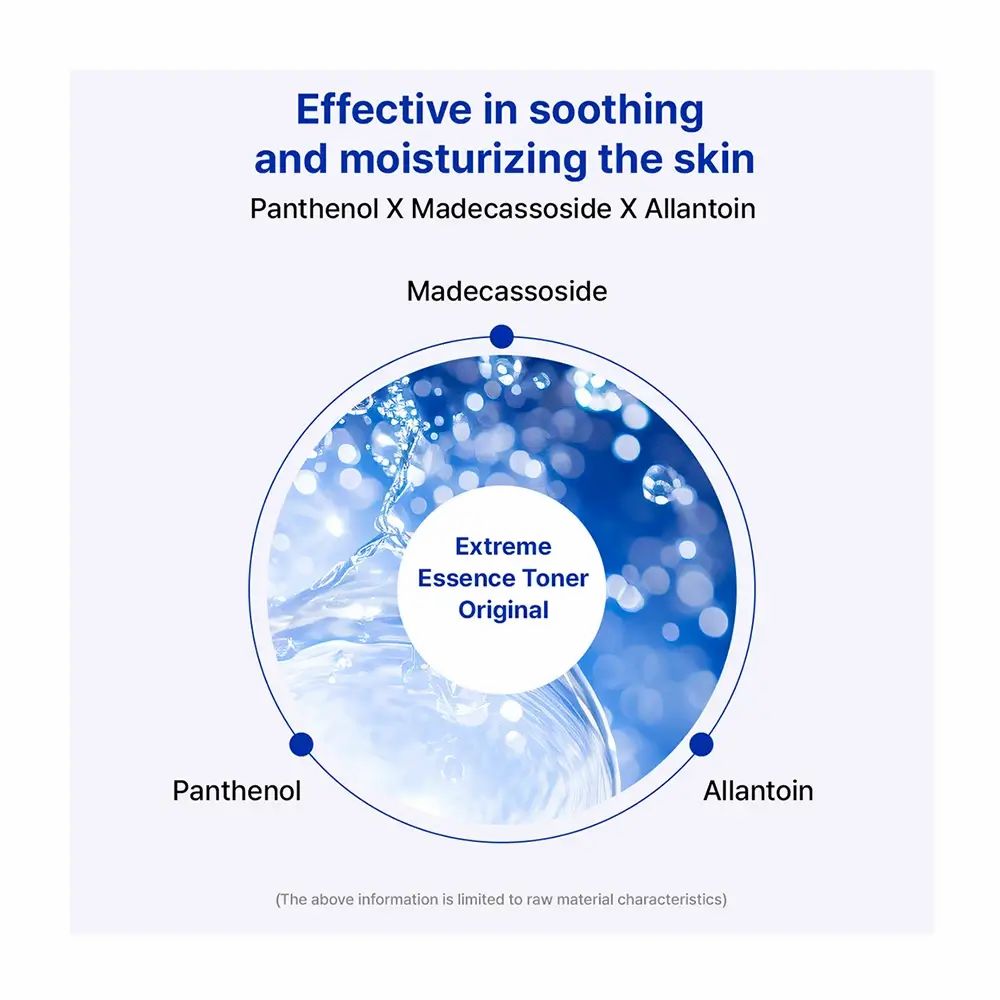 Grafica circolare con testo: Extreme Essence Toner Original. Ingredienti: Pantenolo, Madecassoside, Allantoina. Illustrazione acqua.