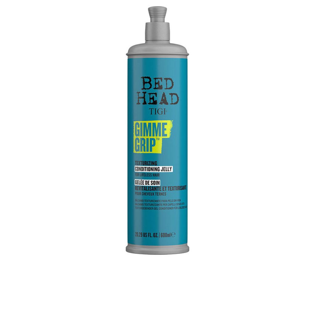 Flacone blu turchese con pompa. Scritta: Bed Head Tigi Gimme Grip Texturizing Conditioning Jelly. 20.29 US fl. oz. / 600ml.