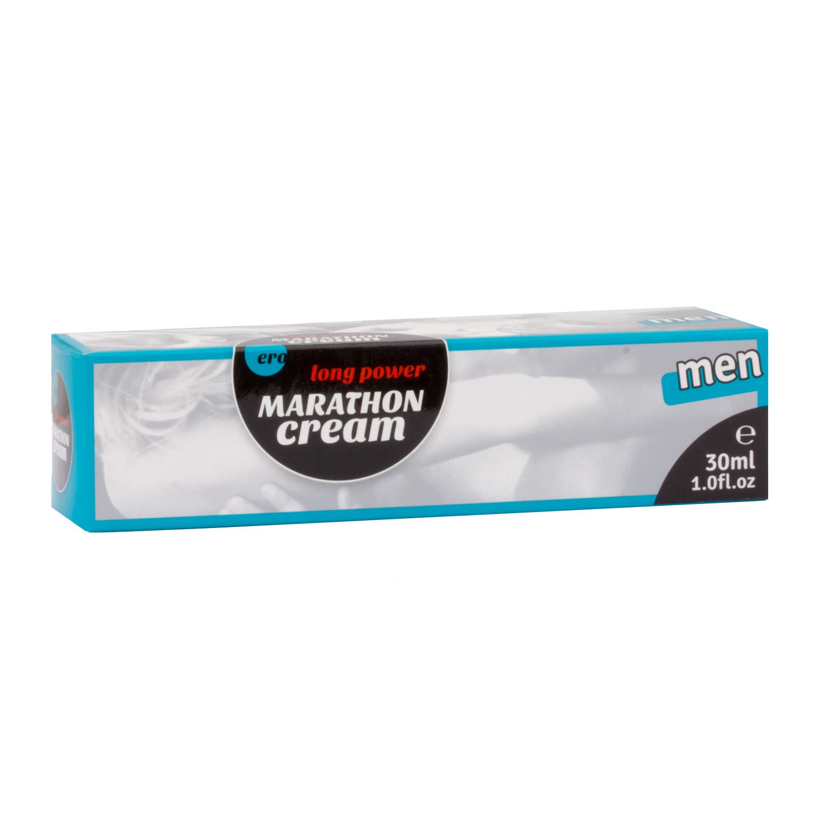 Scatola blu e bianca. Scritto: Marathon Cream, long power, men. Contiene 30 ml.