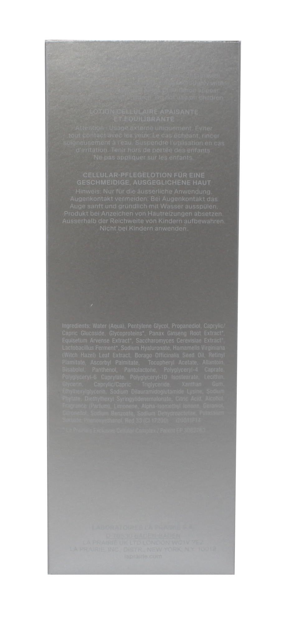 Confezione grigia con testo. Scritta: LOZIONE CELLULARE LENITIVA E RIEQUILIBRANTE. Testo in più lingue.