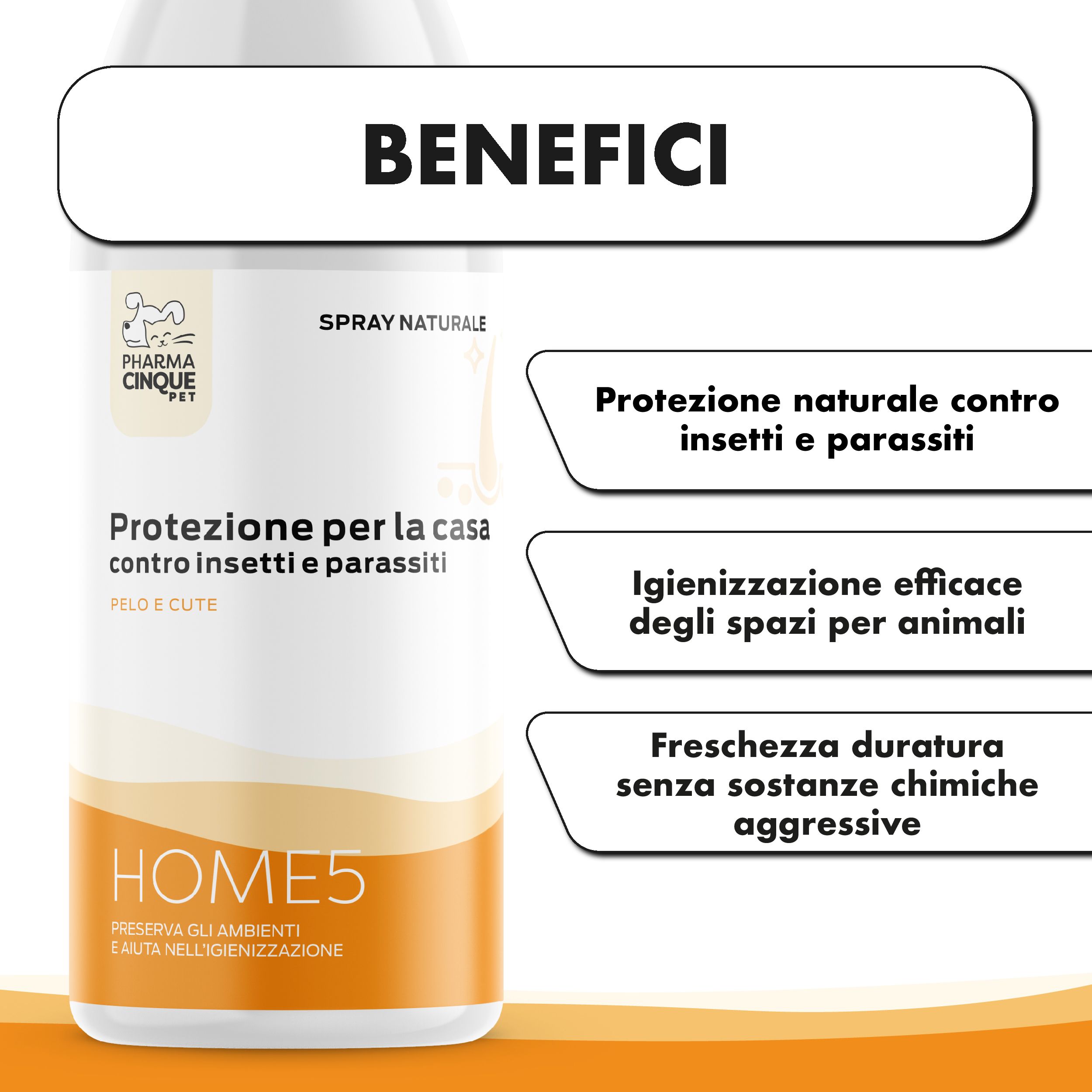 Spray per igienizzare e proteggere le aree domestiche degli animali, con gatto e cane.