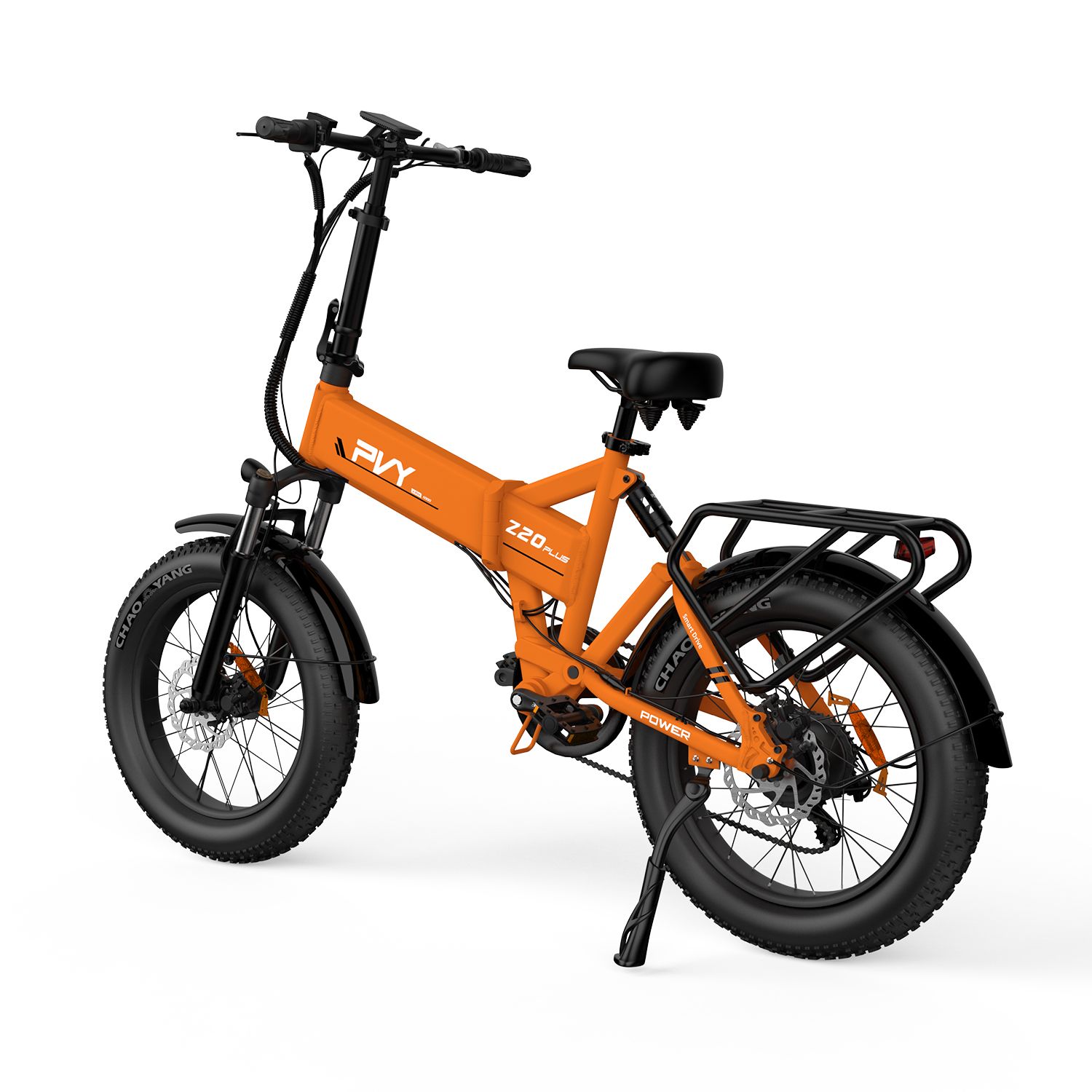 E-bike arancione con pneumatici neri e portapacchi. Sul telaio è presente la scritta PVY Z20 Plus.