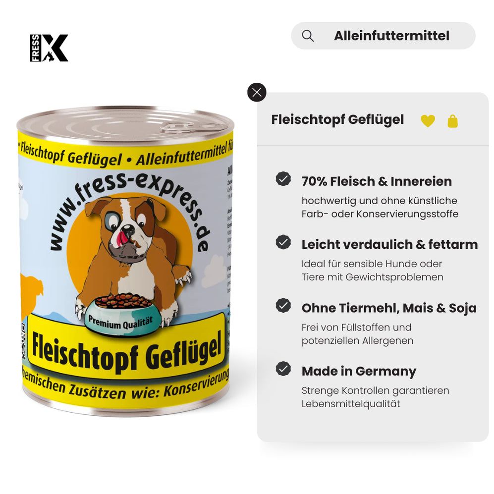 Lattina di cibo per cani con etichetta. Stampa: fress-express, Fleischtopf Geflügel. Testo: 70% carne, facile da digerire, senza animali, Made in Germany.