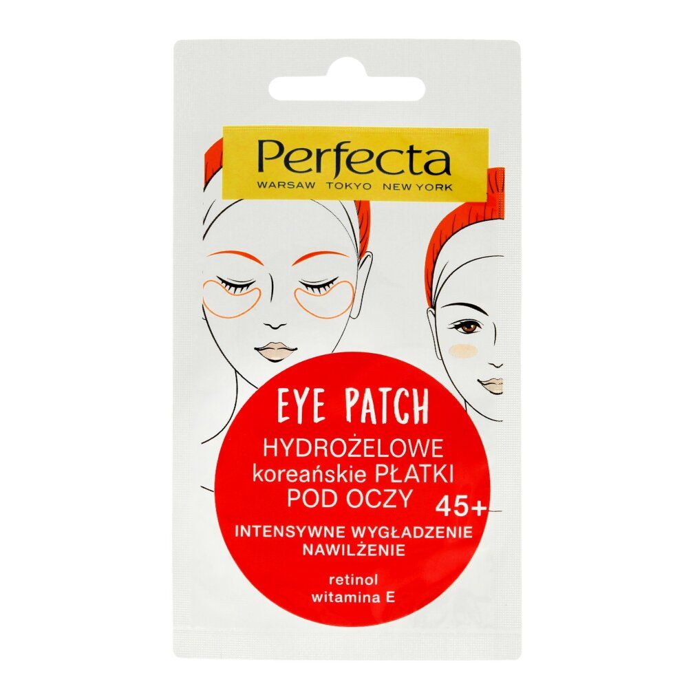 Confezione di patch occhi. Scritta: Perfecta, Eye Patch, 45+, Retinolo, Vitamina E. Elementi rossi e gialli. Illustrazioni di volti.