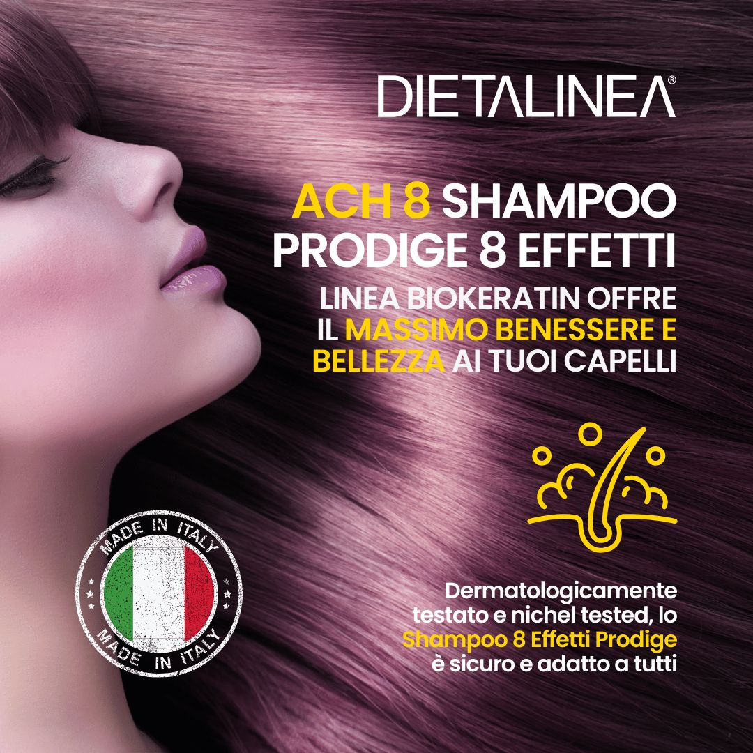 Shampoo DIETALINEA Biokeratin per capelli secchi e trattati. 8 effetti per lucentezza e salute.