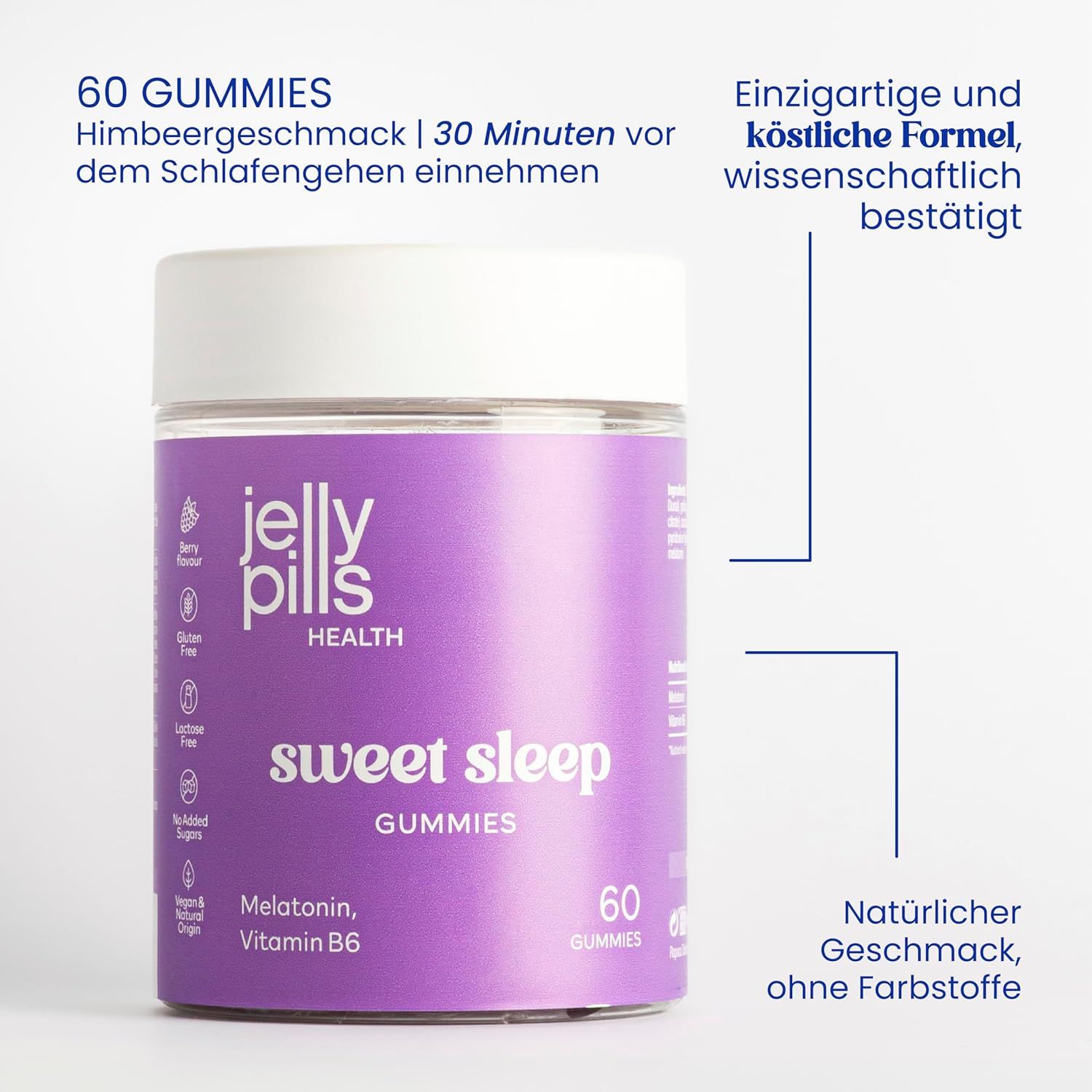 Jelly Pills Health Sweet Sleep Gummies. Barattolo viola con 60 caramelle gommose. Contiene melatonina e vitamina B6. Scritta: 60 caramelle gommose, gusto lampone.