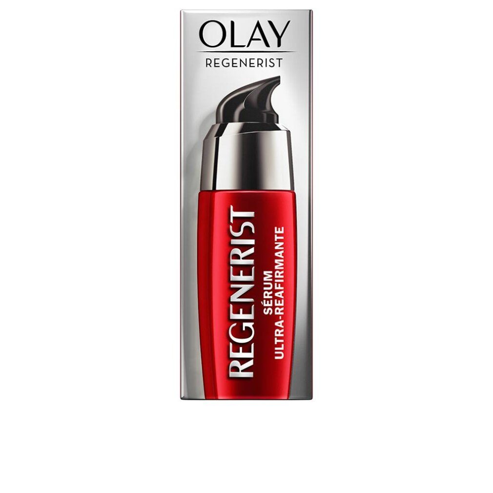 Flacone di siero rosso con pompa argentata. Logo Olay Regenerist e testo. Confezione sullo sfondo.