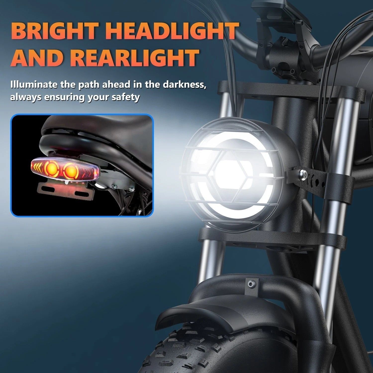 Primo piano del faro e del fanale posteriore di una e-bike. Luce intensa. Testo: BRIGHT HEADLIGHT AND REARLIGHT.