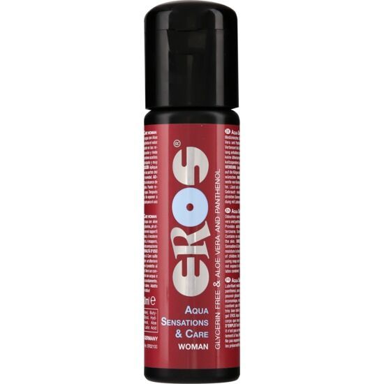 Lubrificante EROS Aqua Sensations & Care Woman in flacone rosso con tappo nero.