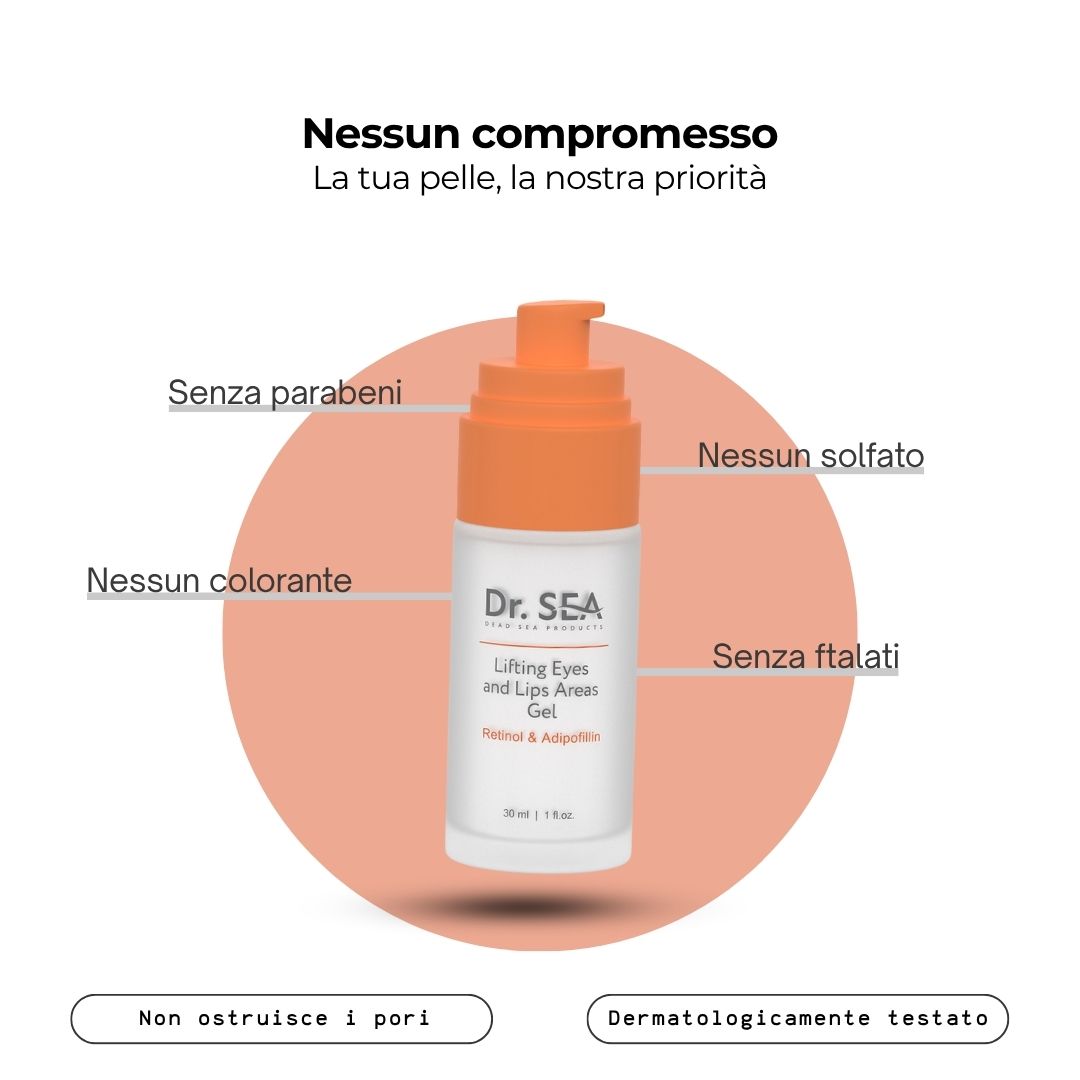 Flacone di gel con dosatore arancione. Testo: Dr. SEA, Lifting Eyes and Lips Areas Gel. Senza parabeni, solfati, coloranti, ftalati.