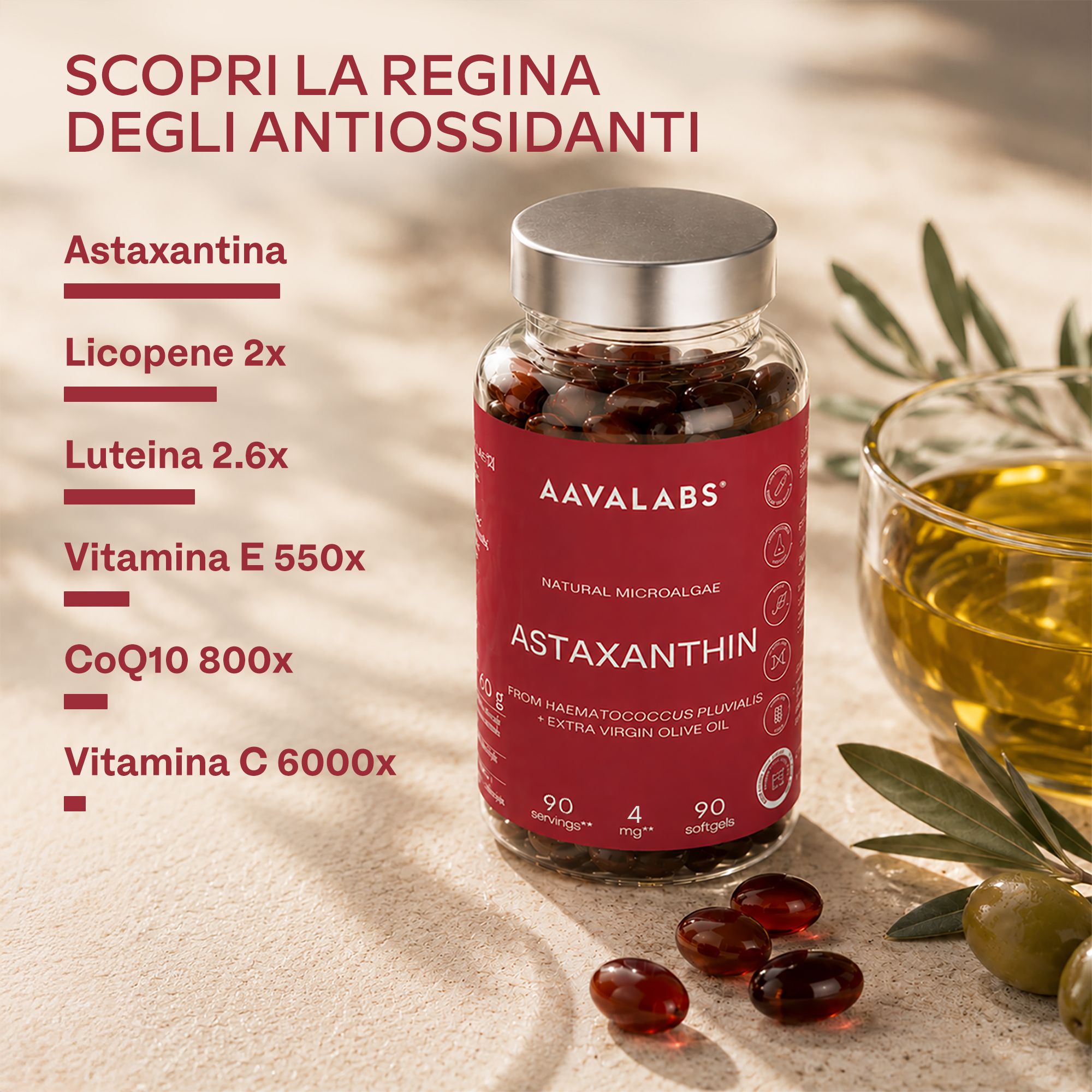Flacone Aavalabs Astaxanthin con informazioni nutrizionali.