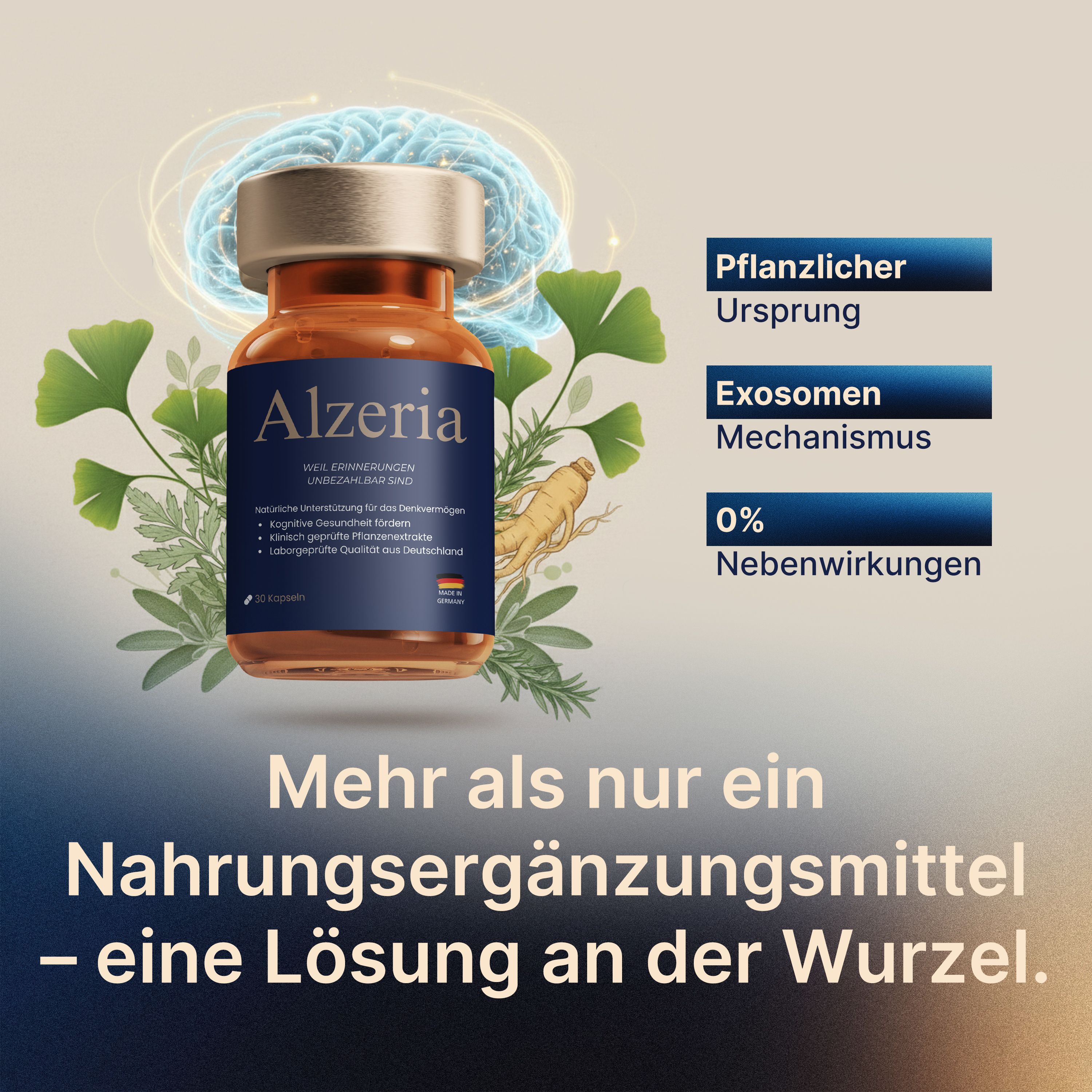 Flacone Alzeria con ginkgo e testo: Origine vegetale, esosomi, 0% effetti collaterali. Integratore alimentare.