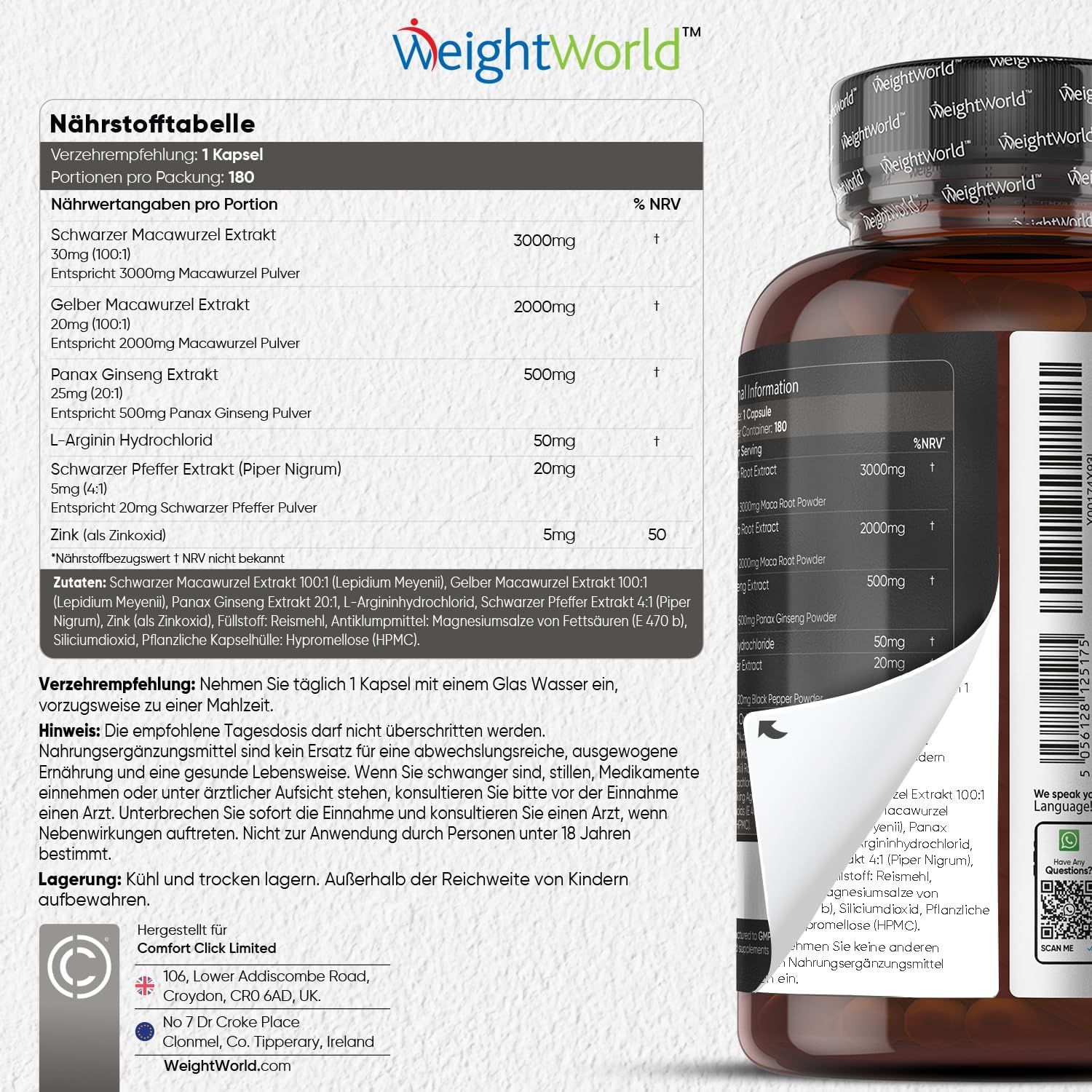 Tabella nutrizionale del prodotto. Scritta: WeightWorld. Contiene informazioni su ingredienti, dosaggio e valori nutrizionali per porzione.