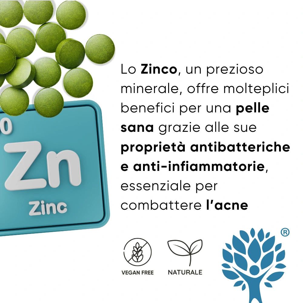 Compresse verdi e simbolo dell'elemento zinco. Testo su zinco e salute della pelle. Simbolo vegano.