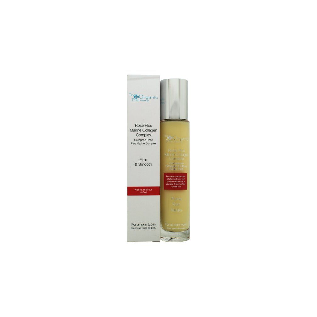Flacone e scatola. Flacone: Rose Plus Marine Collagen Complex, Firm & Smooth. Scatola: testo e logo. Striscia rossa.