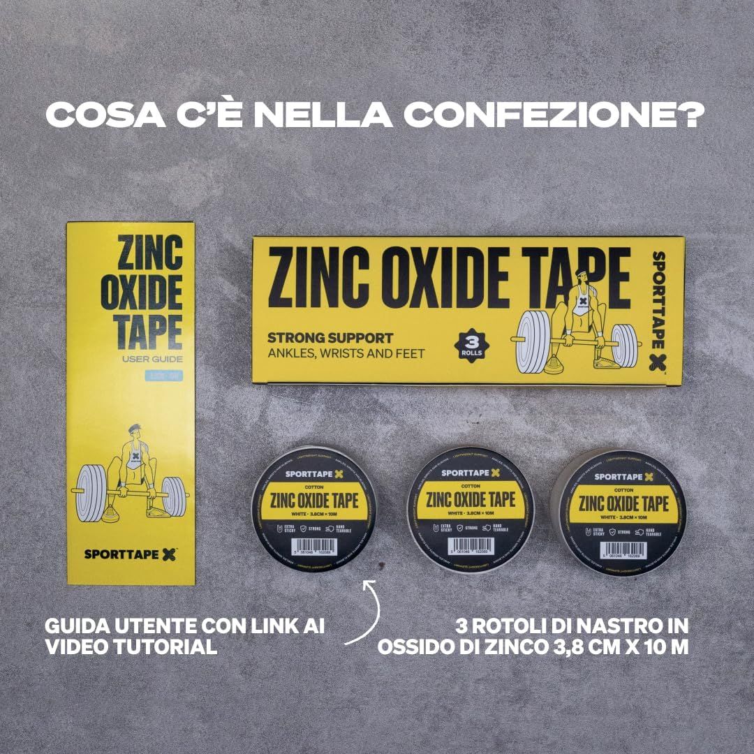 Contenuto della confezione: una scatola, una guida e tre rotoli di tape bianco all'ossido di zinco.
