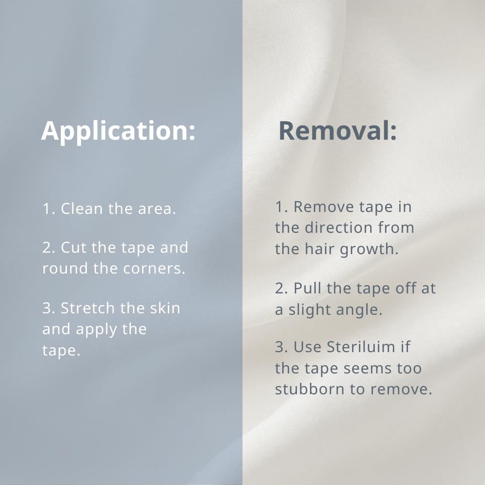 Applicazione e rimozione del tape kinesiologico. Passaggi: pulire la pelle, arrotondare gli angoli, allungare la pelle, applicare il tape, rimuovere.