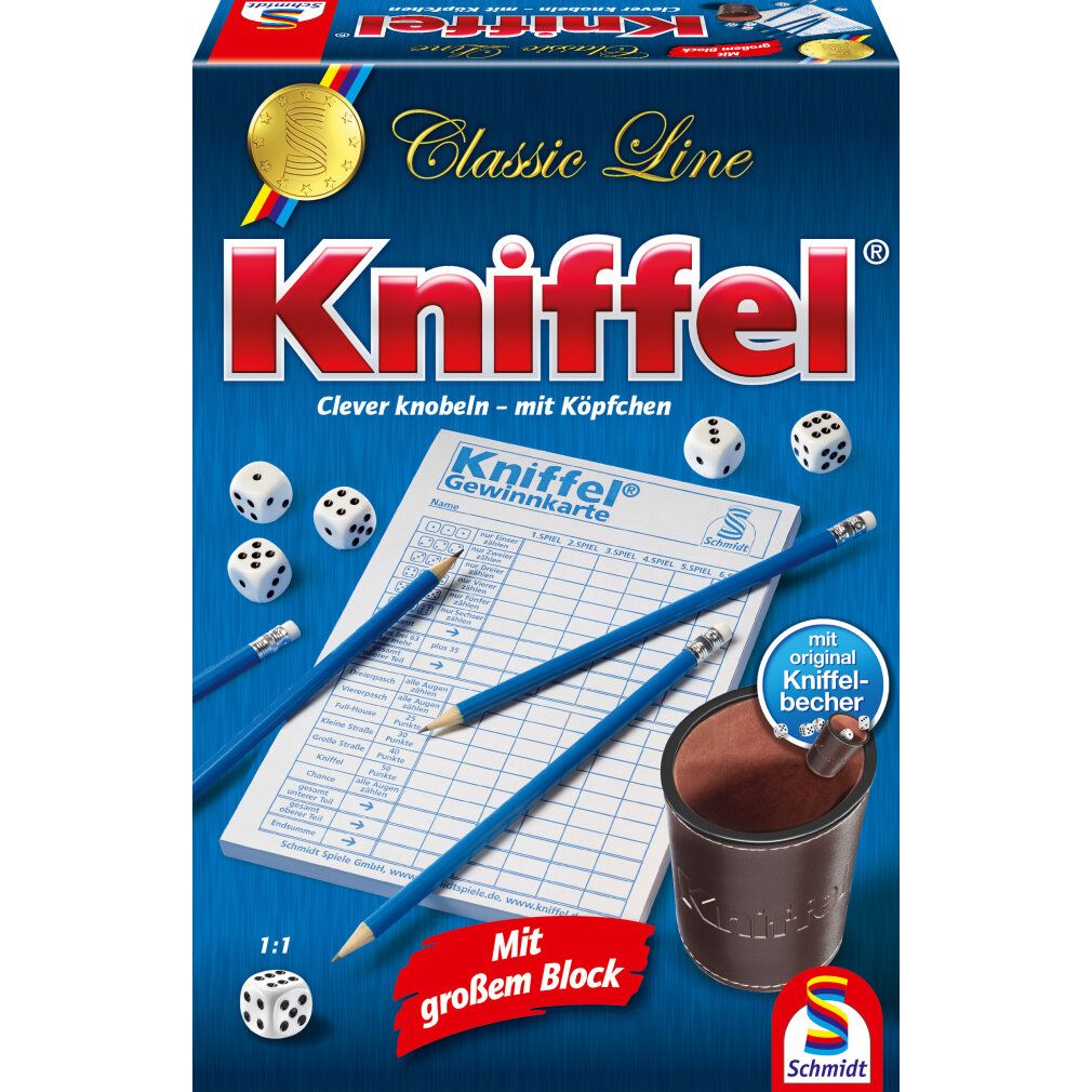 Gioco Kniffel. Include dadi, matite, bicchiere e blocco. Confezione con nome e logo del prodotto.