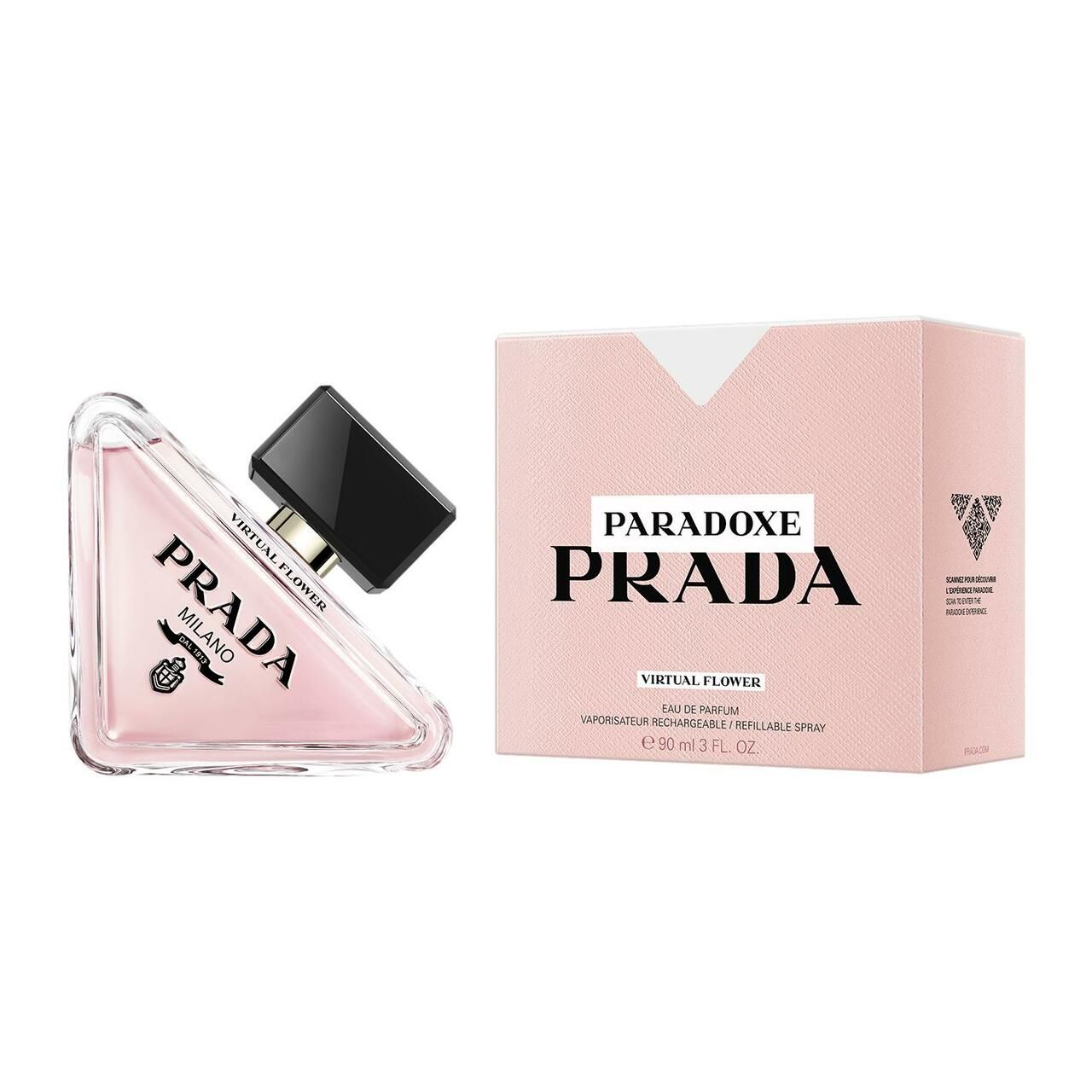 Flacone di profumo e confezione. Liquido rosa, tappo nero. Confezione con logo e nome del prodotto.