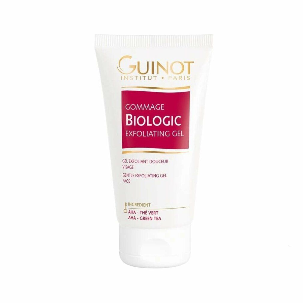 Tubo bianco con etichetta rossa. Scritta: Guinot, Gommage Biologic, Exfoliating Gel. Contiene AHA e tè verde. Per tutti i tipi di pelle.