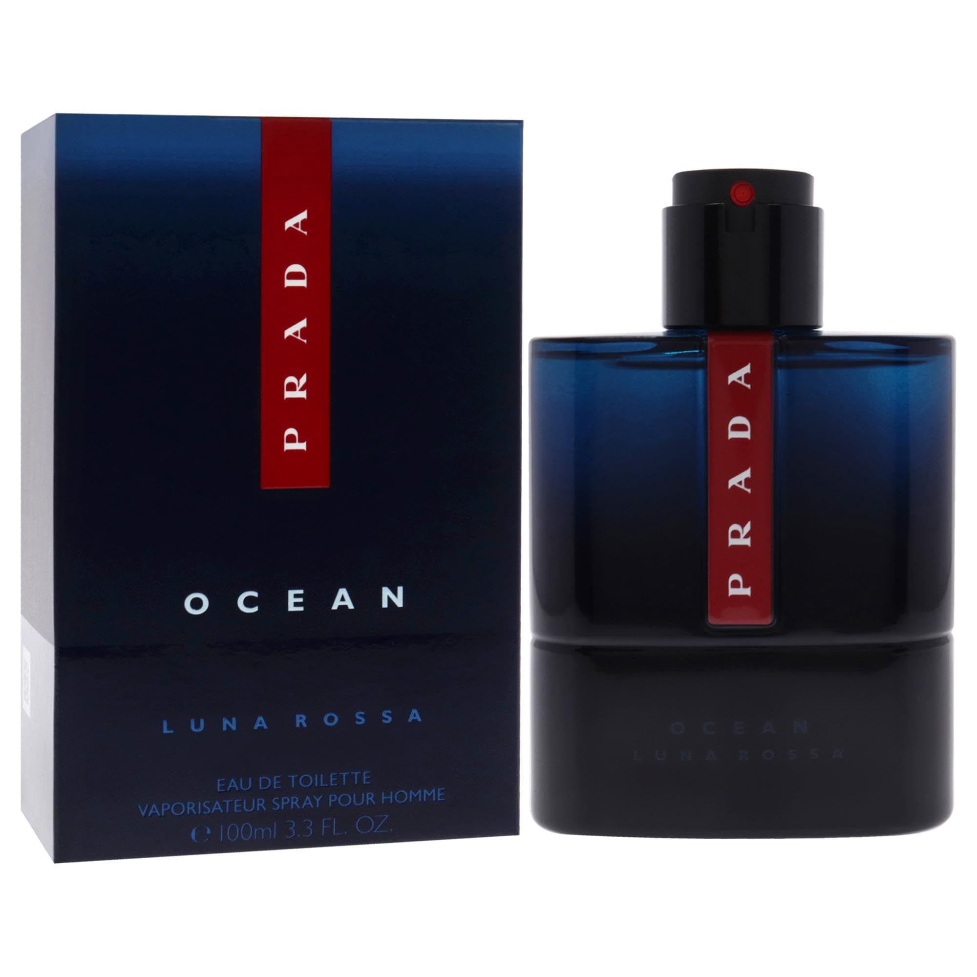 Flacone blu scuro con striscia rossa e logo Prada. Tappo nero. Scatola con logo Prada e nome del prodotto.