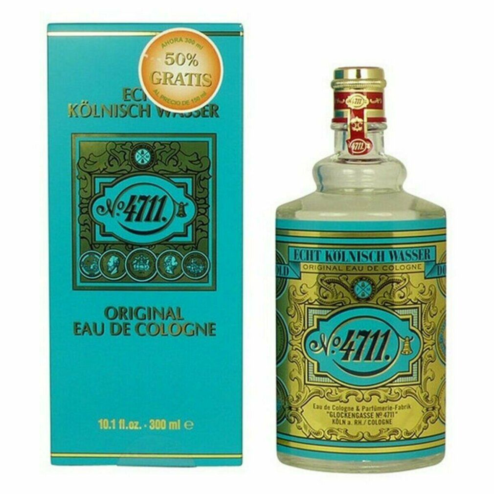 Flacone in vetro e scatola turchese. Scritta: Echt Kölnisch Wasser, 4711, Original Eau de Cologne. Etichetta dorata.